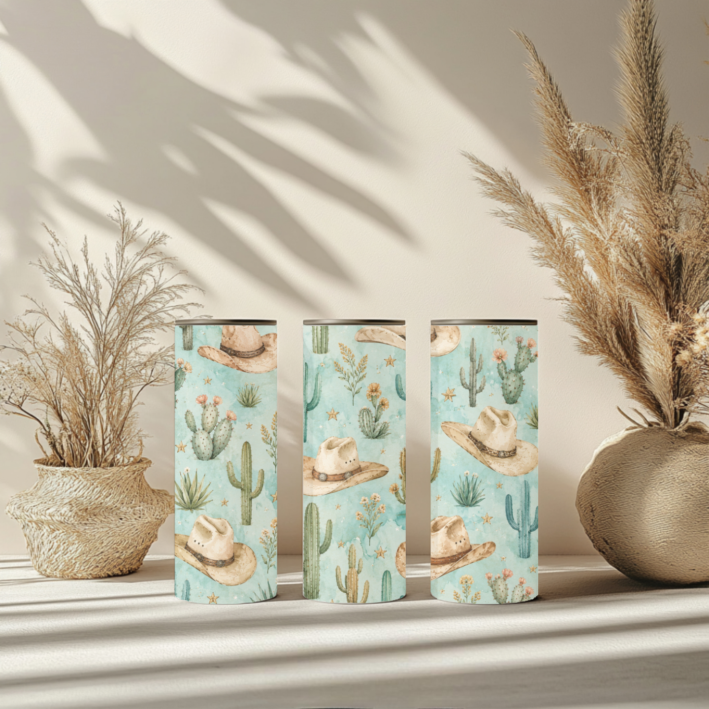 Cowboy Hat & Cactus 20 oz Skinny Tumbler | Western Desert Tumbler | Boho Cowgirl Coffee Cup | Southwestern Stainless Steel Gift for Her