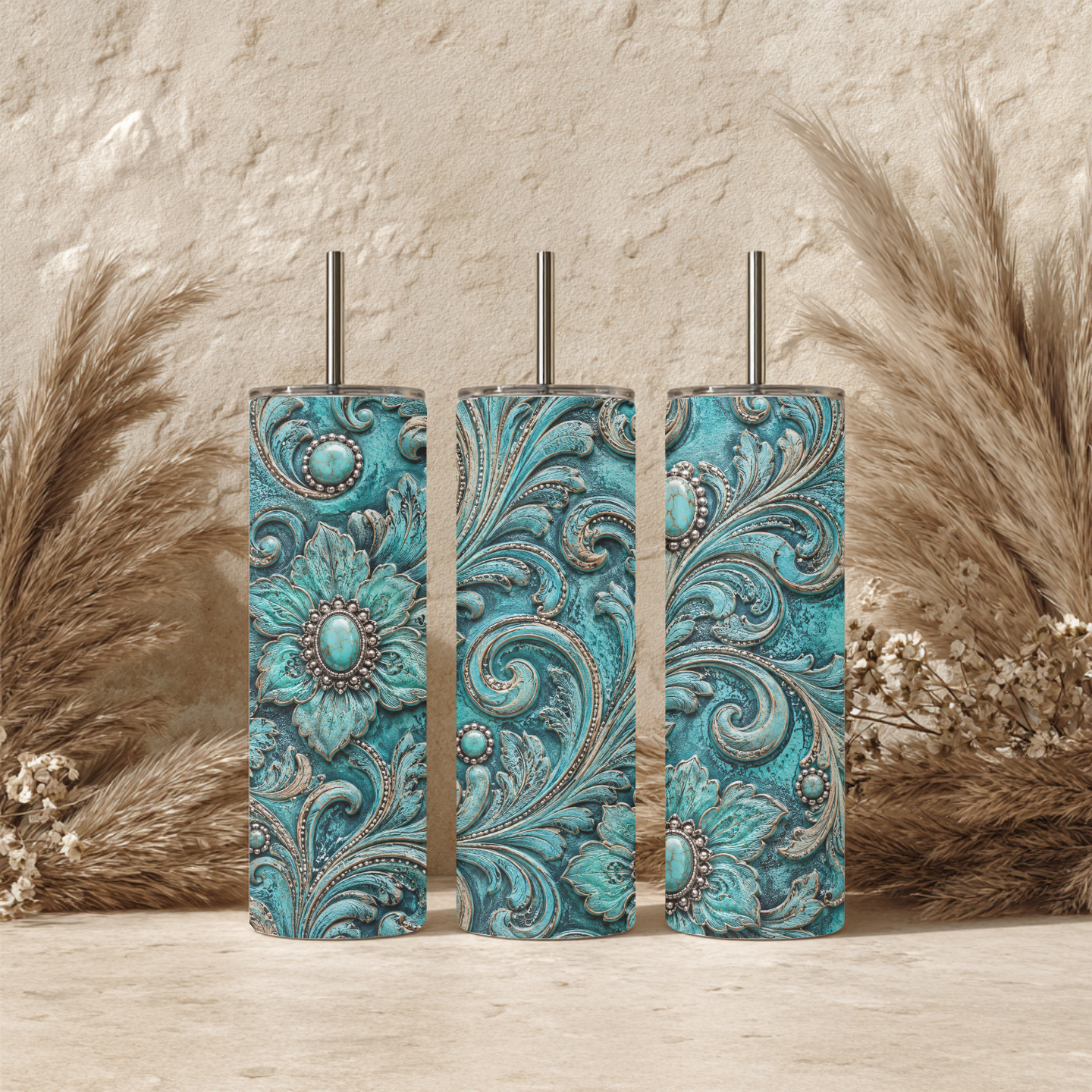 Turquoise Floral Tooled 20 oz Skinny Tumbler | Western Turquoise Concho Tumbler | Cowgirl Coffee Cup | Rustic Floral Stainless Steel Gift