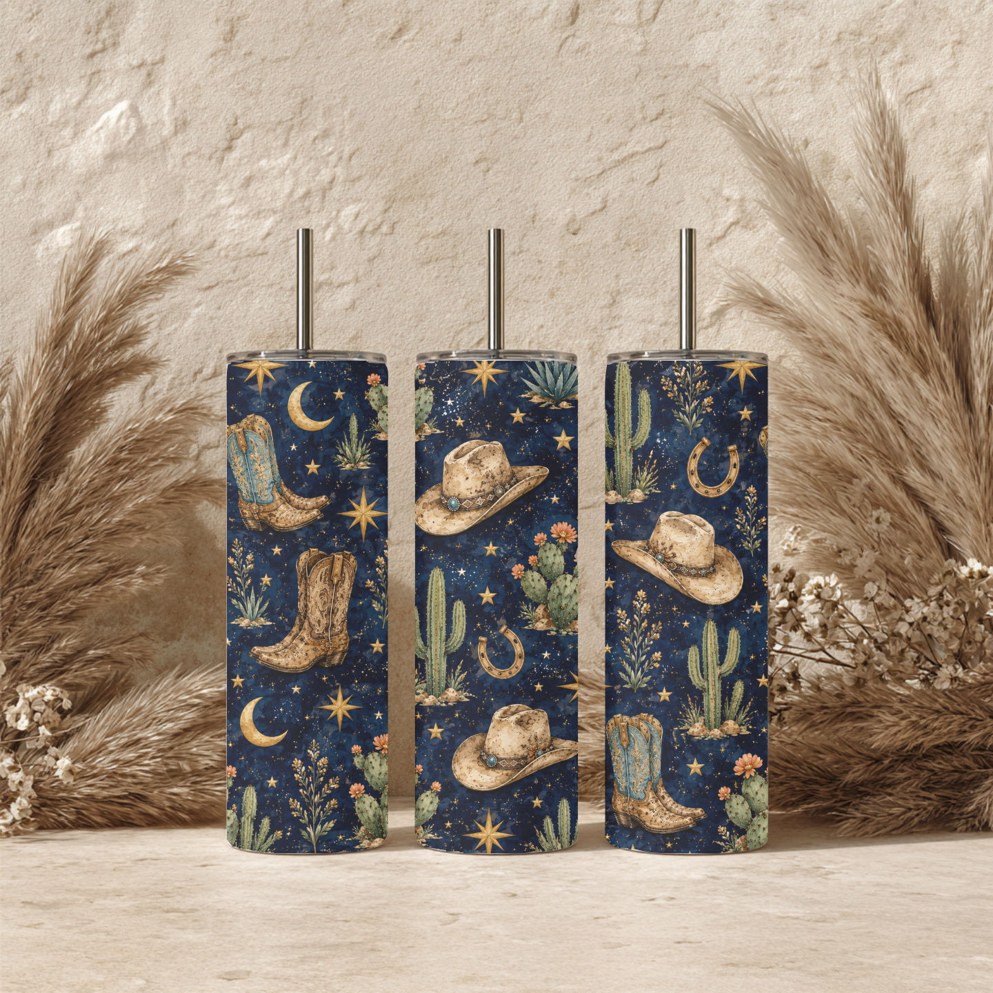 Midnight Desert Cowgirl 20 oz Skinny Tumbler | Western Night Sky Tumbler | Cowboy Hat & Boots Cup | Cactus Moon Travel Mug | Country Gift for Her