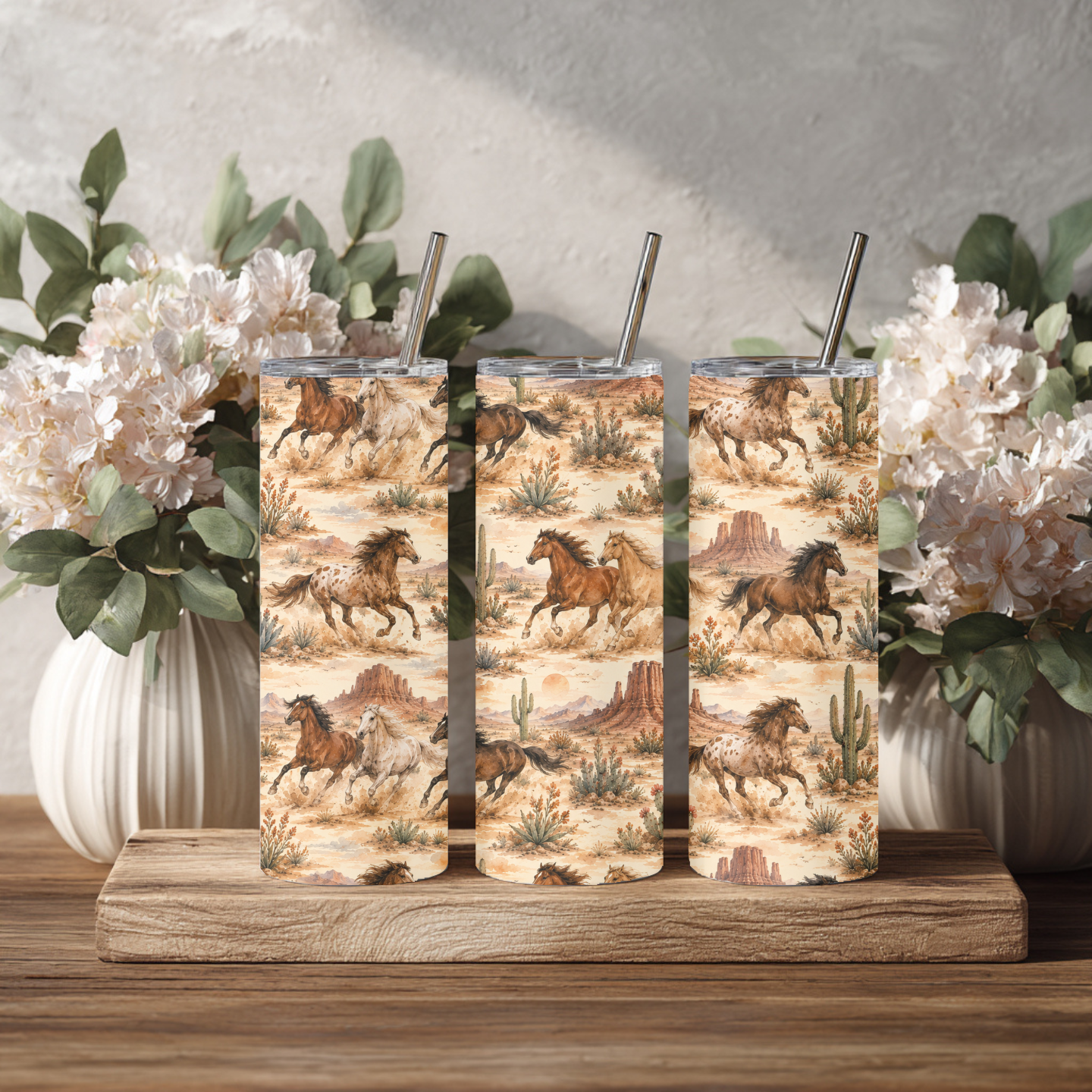 Running Horses Desert Tumbler & Matching Pen Set | Western Horse 20 oz Skinny Tumbler | Wild Mustang Gift | Cowgirl Office Gift | Horse Lover Set
