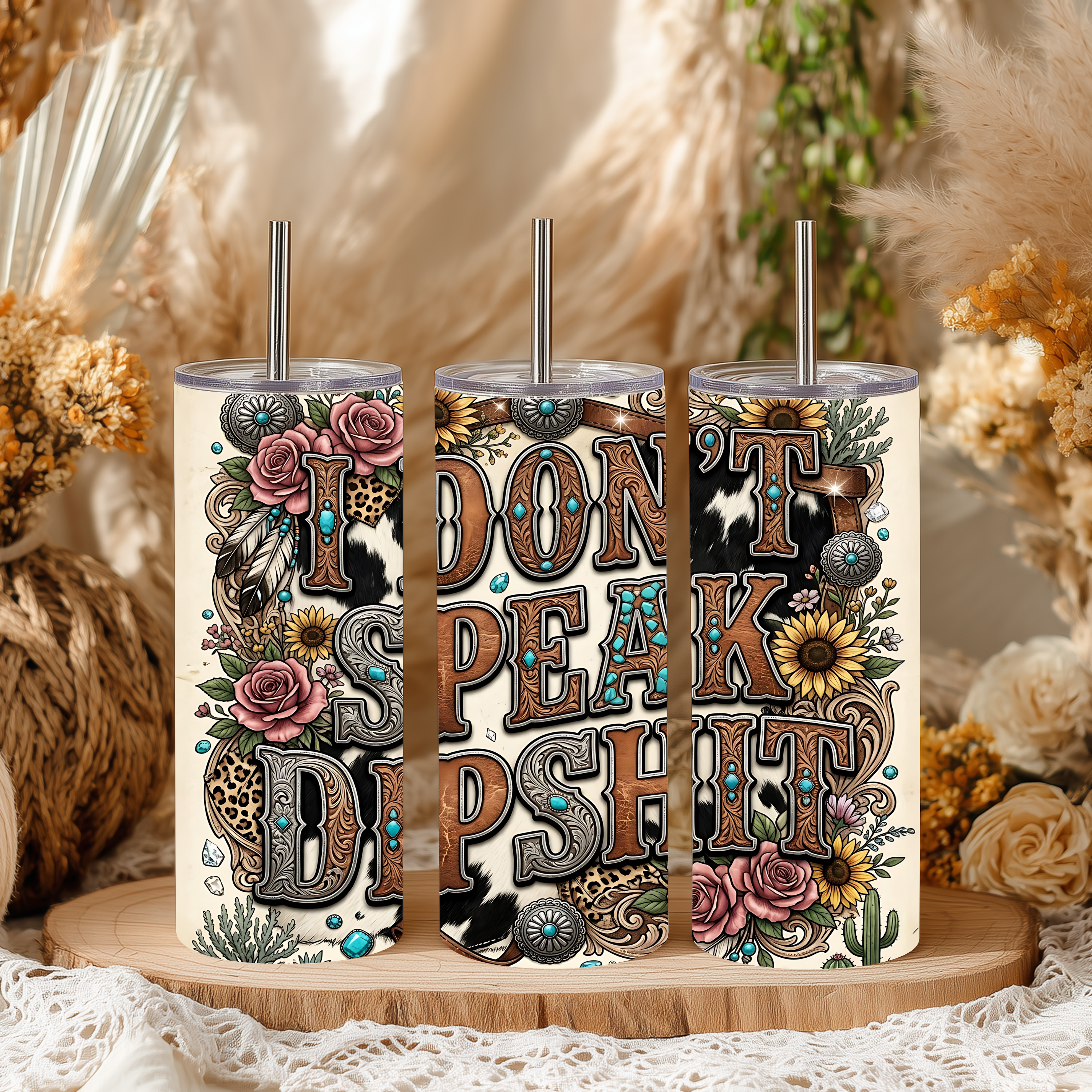 I Don't Speak Dipshit 20 oz Skinny Tumbler | Funny Western Cow Print Tumbler | Sarcastic Cowgirl Cup | Sunflower & Turquoise Gift for Her