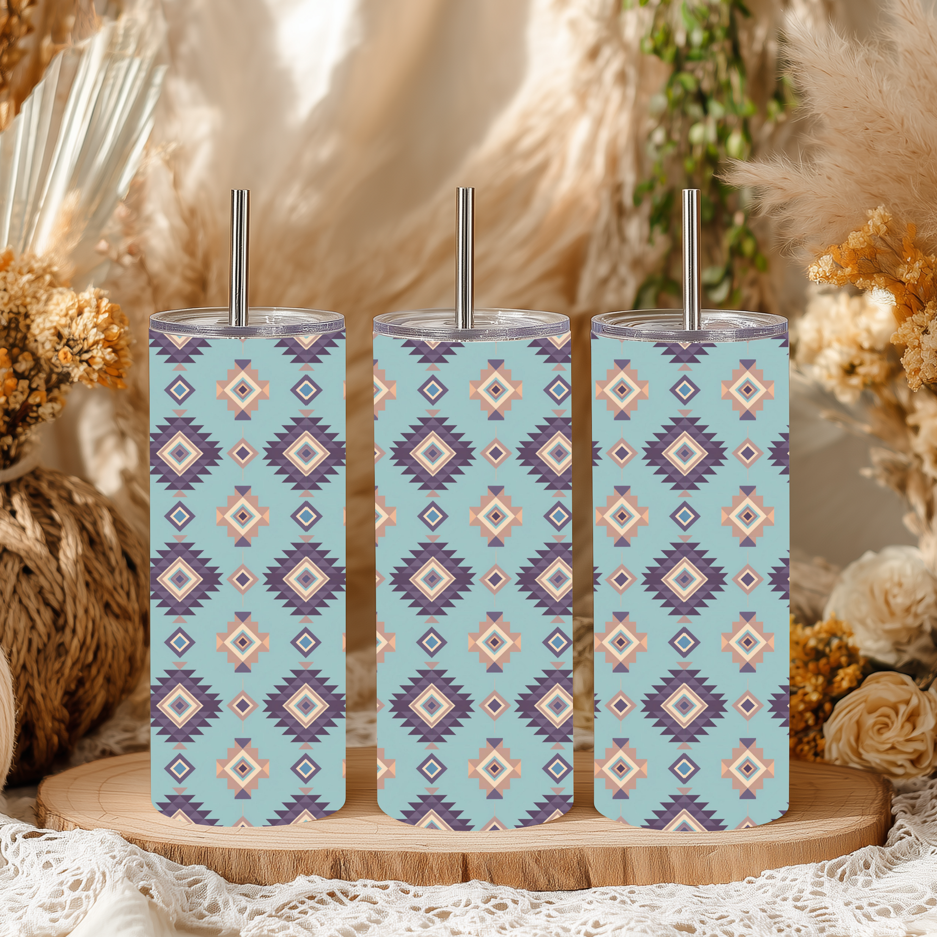 Pastel Teal-Blue Southwestern Aztec 20 oz Skinny Tumbler | Boho Western Stainless-Steel Tumbler | Native-Inspired Geometric Pattern | Gift for Her