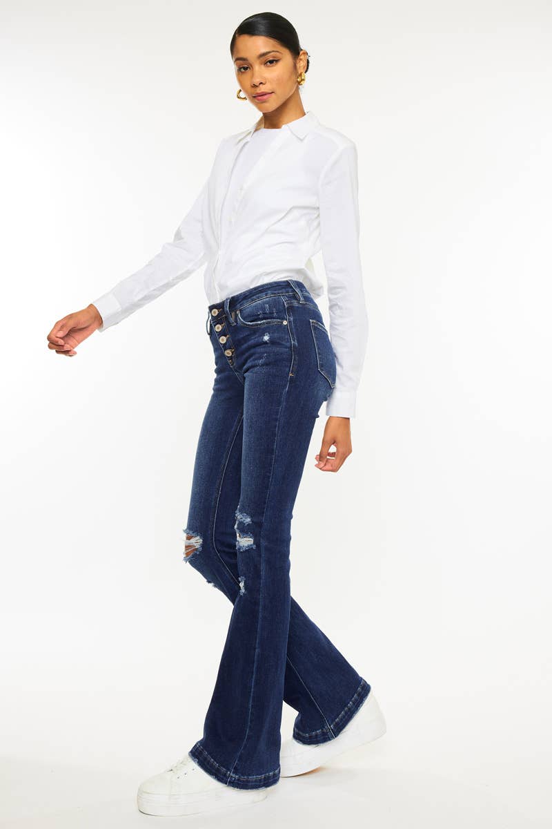 Dame KanCan Mid Rise Button Up Distress Flare Jeans