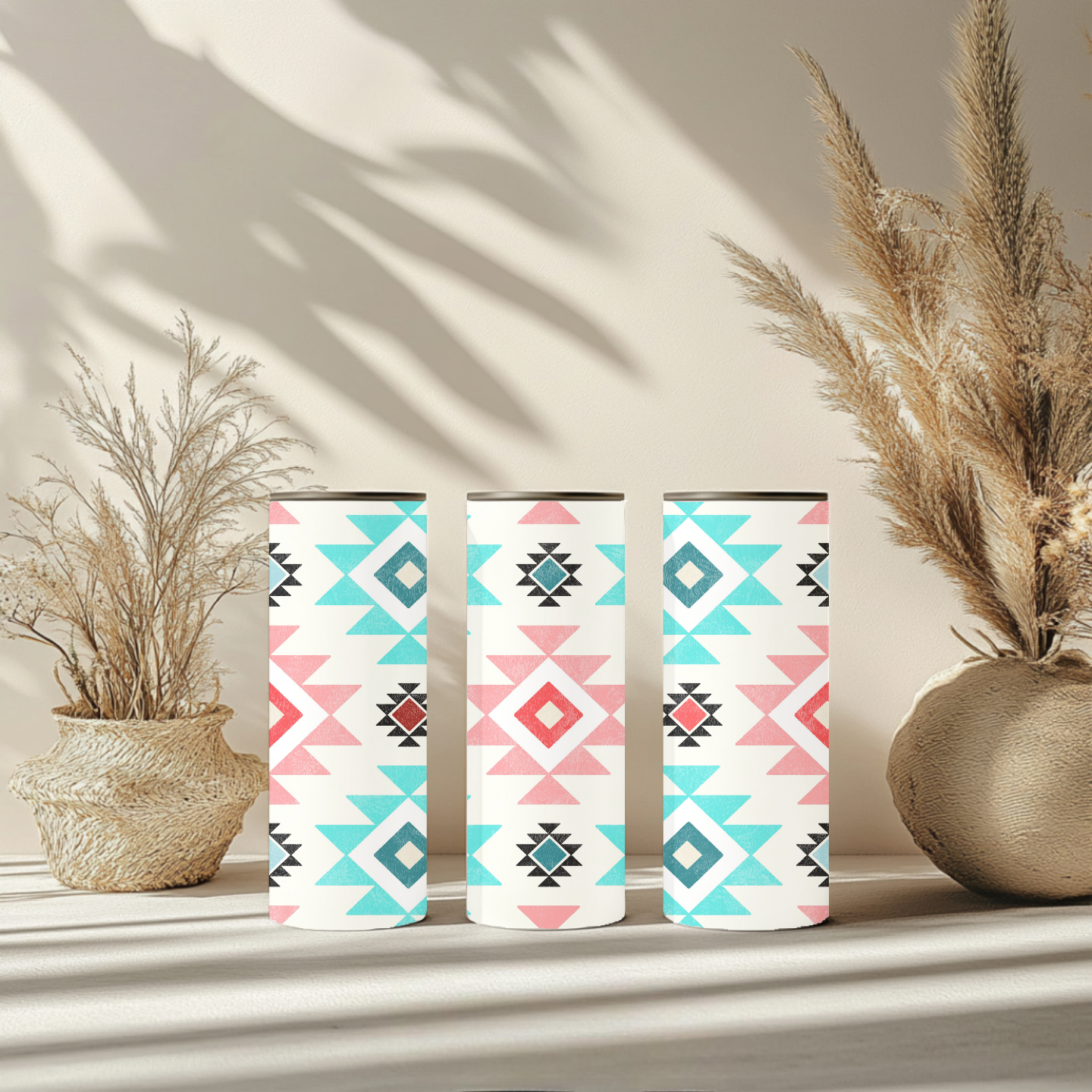 Pastel Southwest Tumbler | Pink & Turquoise Aztec 20 oz Skinny Tumbler | Boho Western Travel Mug | Southwestern Cup | Cowgirl Gift