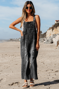 Black Distressed Bib Pocket Wide Leg Denim Overall