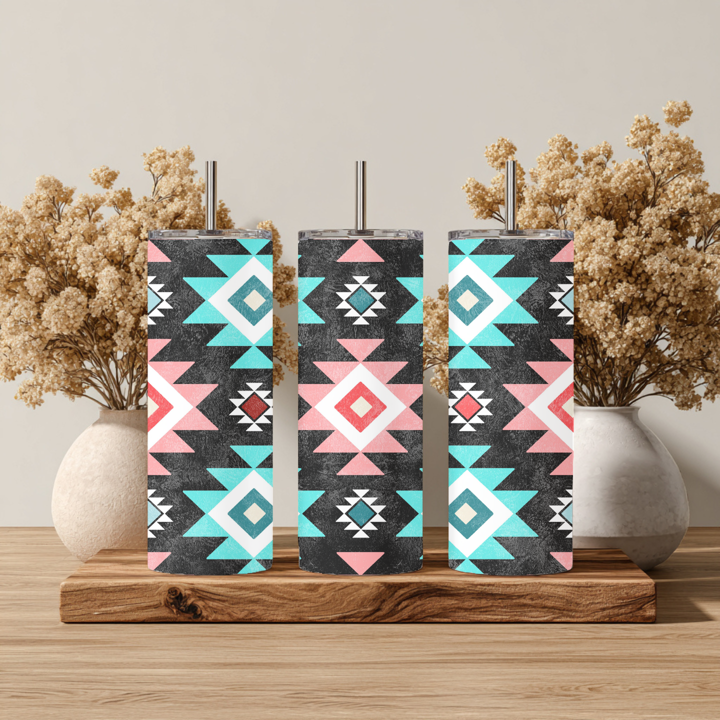Black Southwestern Tumbler | Pink Turquoise Aztec 20 oz Skinny Tumbler | Western Coffee Cup | Cowgirl Gift