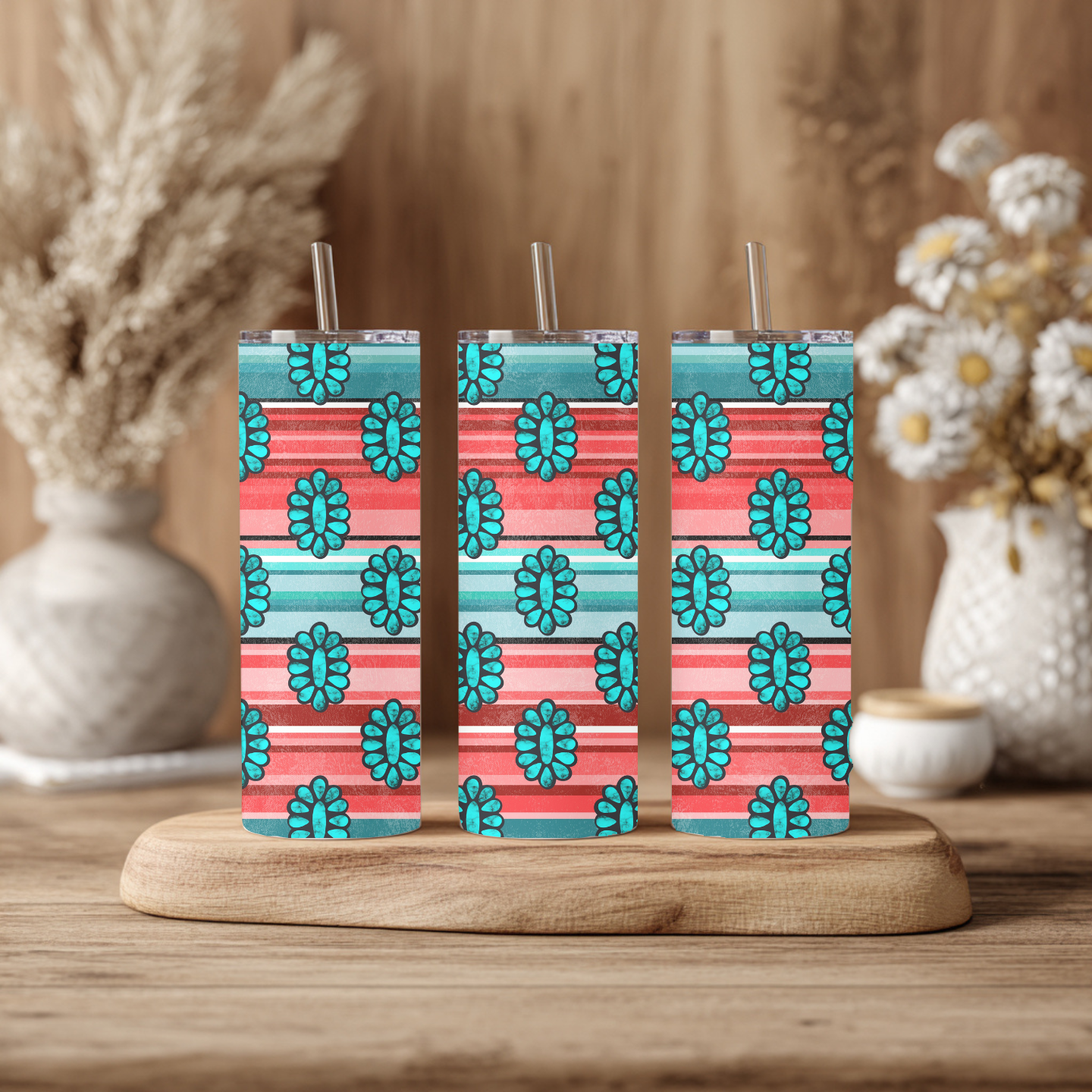 Turquoise Concho Serape Tumbler | 20 oz Western Skinny Tumbler | Southwestern Drink Cup | Cowgirl Gift | Boho Western Travel Mug | Pink Serape Cup