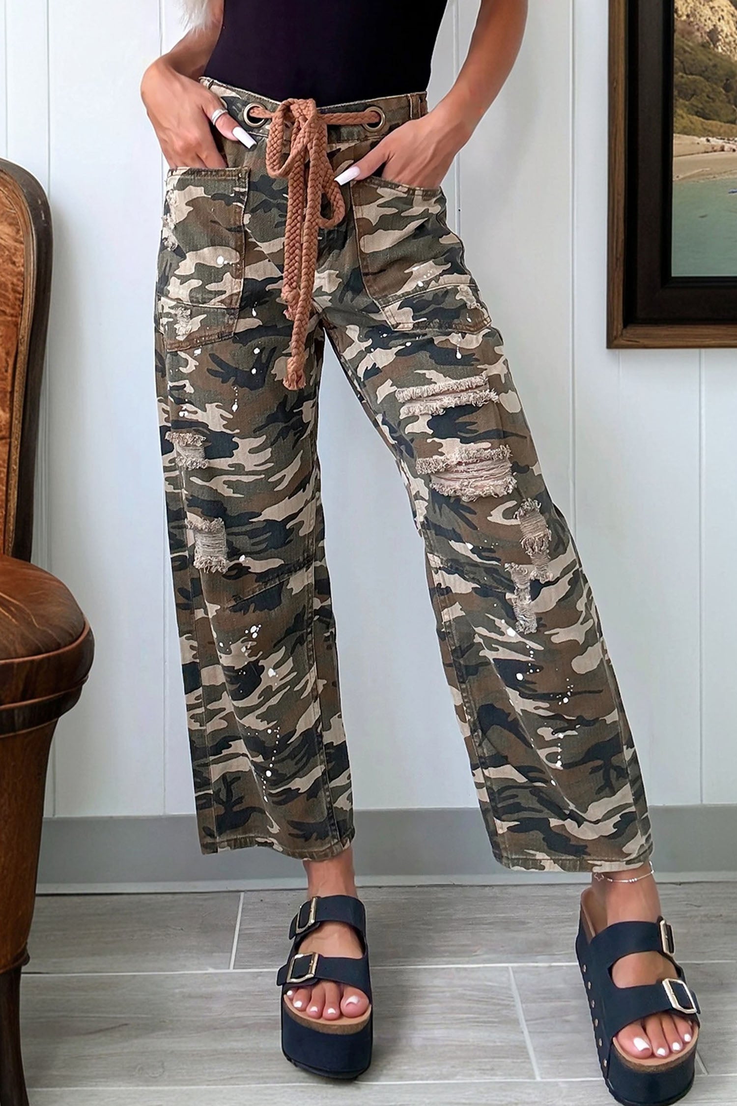 Green Camouflage Print Splashed Distressed Loose Denim Pants