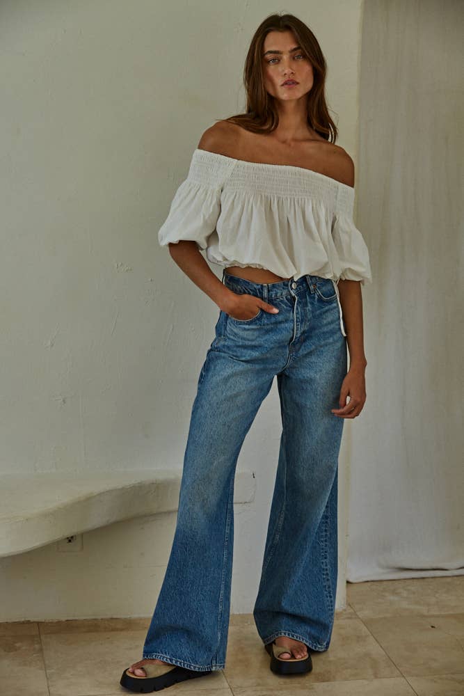 Woven Cotton Smocked Off The Shoulder Top
