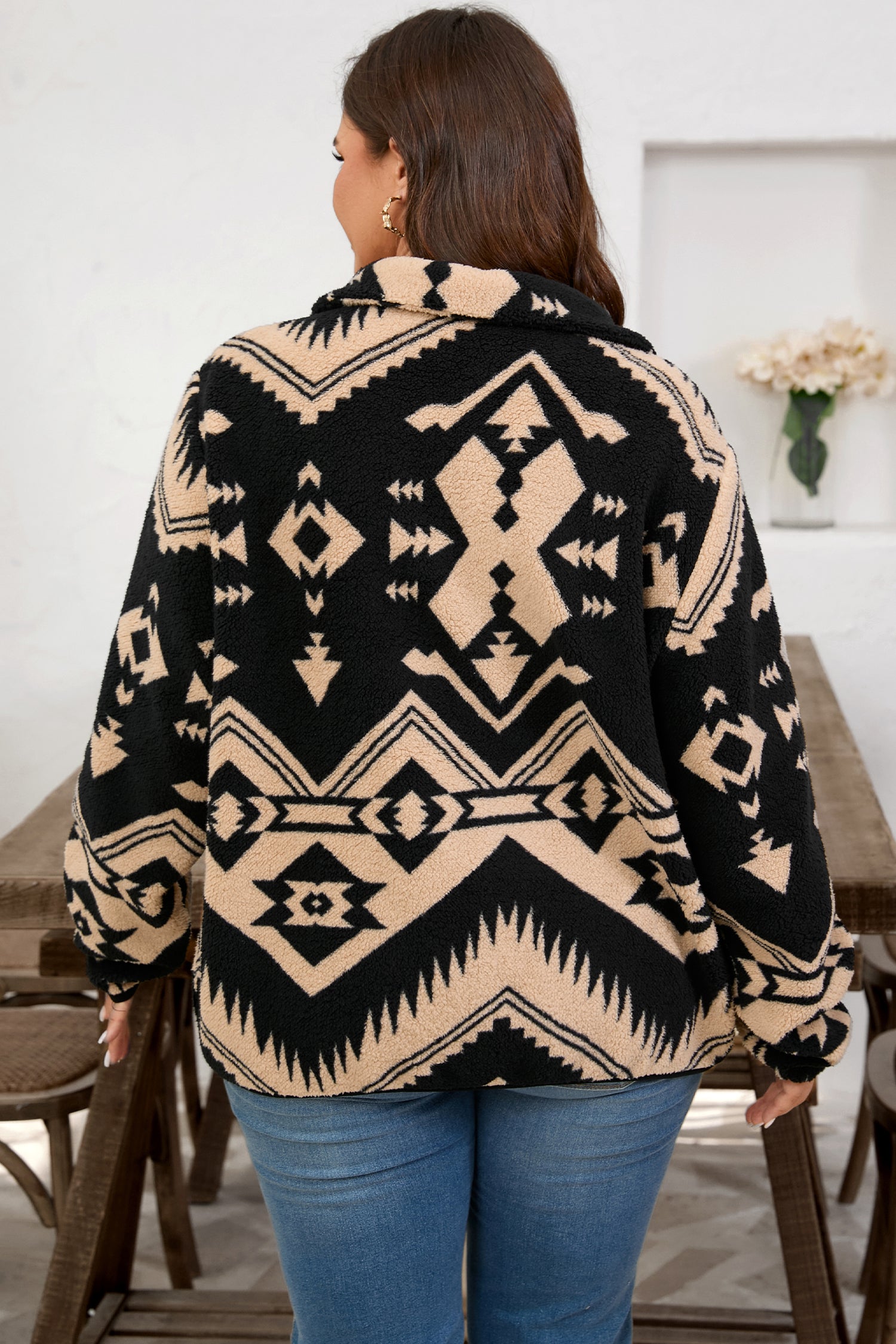Black Plus Size Western Aztec Pattern Half Button Collared Plush Sweatshirt