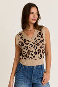 Sleeveless V-Neck Leopard Printed Crop Sweater Top