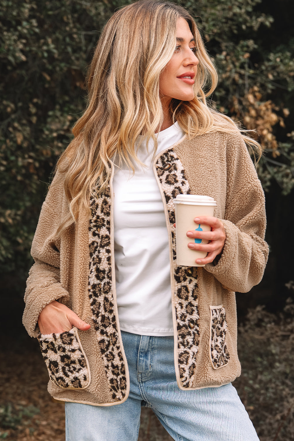Casual Leopard Print Accent Plush Jacket with Pockets