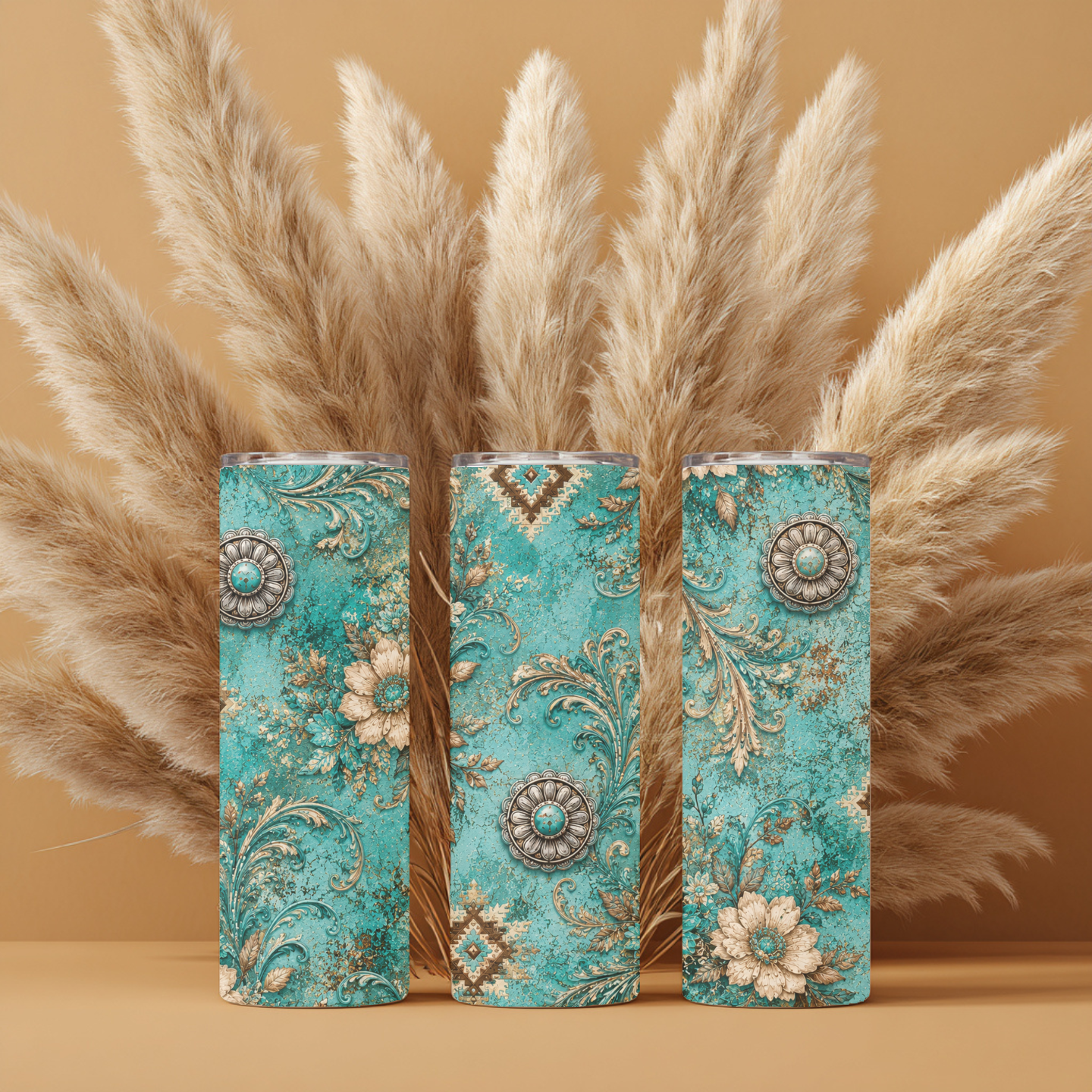 Turquoise Western Floral 20 oz Skinny Tumbler | Rustic Concho & Aztec Tumbler | Cowgirl Stainless Steel Coffee Cup | Country Gift for Her