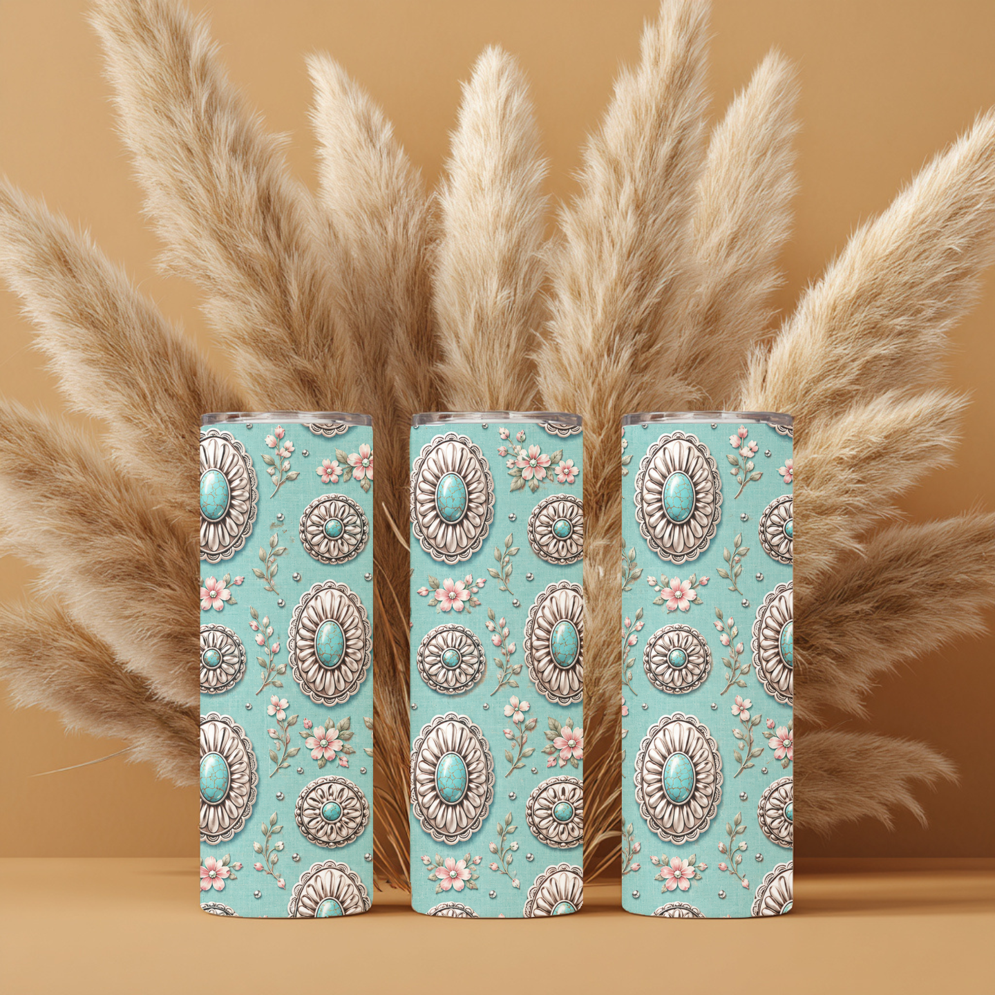 Turquoise Concho 20 oz Skinny Tumbler | Western Floral Stainless Steel Tumbler | Cowgirl Coffee Cup | Rustic Country Gift for Her