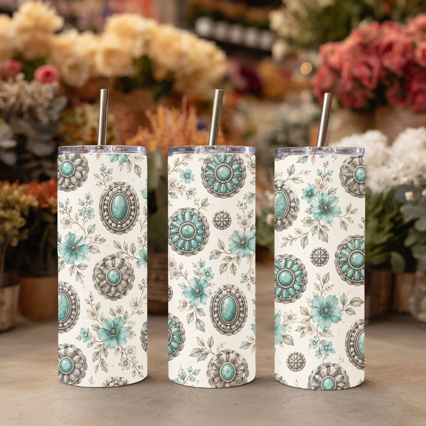 Turquoise Concho Floral 20 oz Skinny Tumbler | Western Wildflower Stainless Steel Tumbler | Cowgirl Coffee Cup | Rustic Country Gift for Her