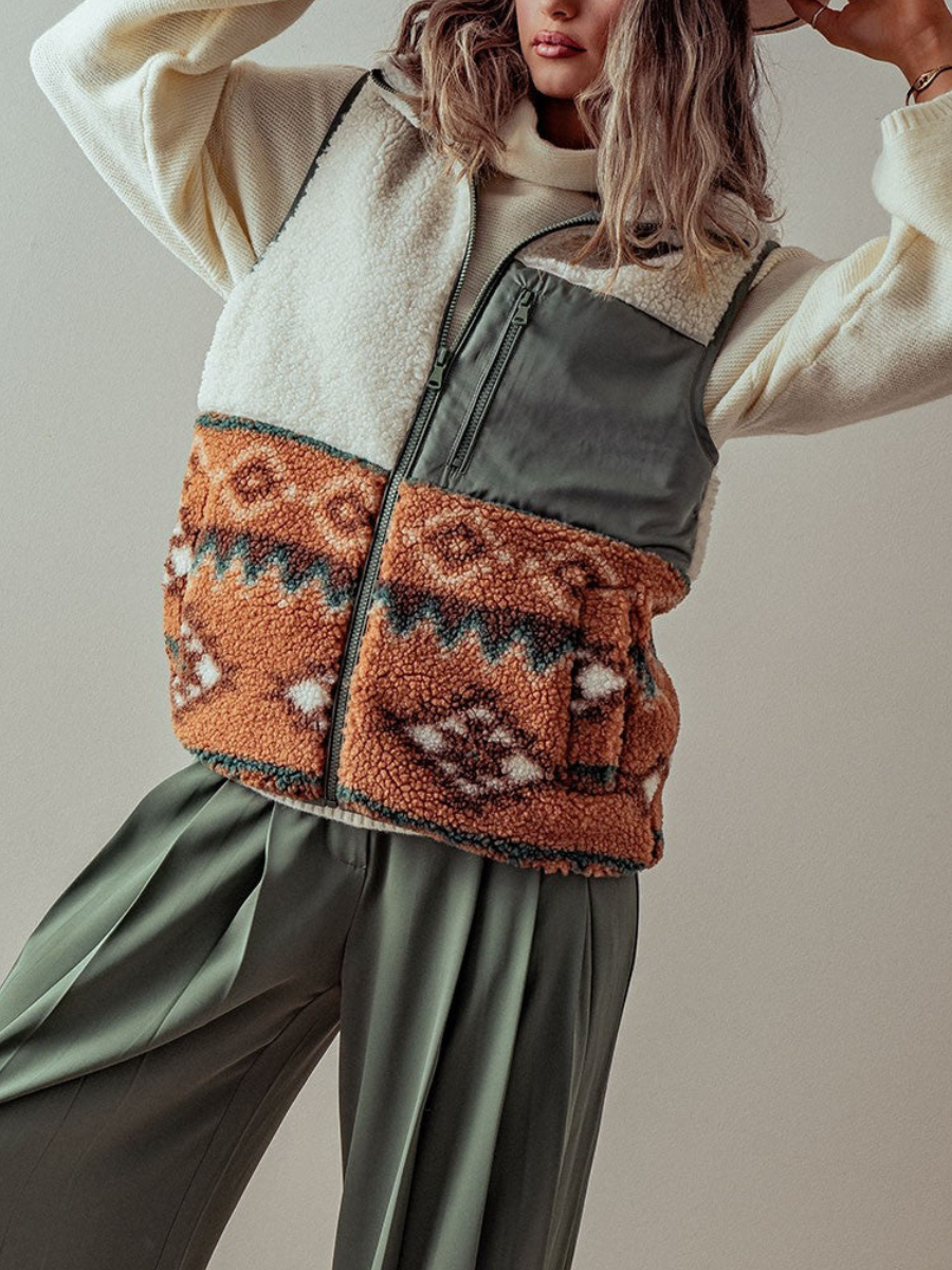 Chaleco con cremallera de polar sherpa occidental con estampado azteca