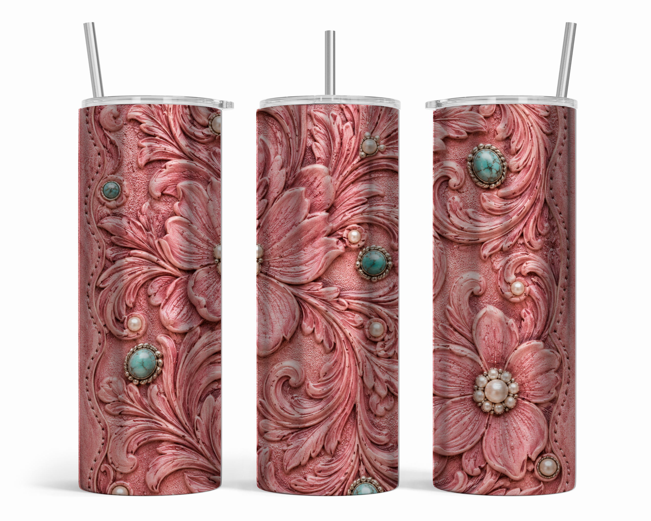 Pink Concho Tooled Floral 20 oz Skinny Tumbler | Western Cowgirl Travel Mug | Turquoise & Pearl Coffee Cup | Rustic Country Gift for Her