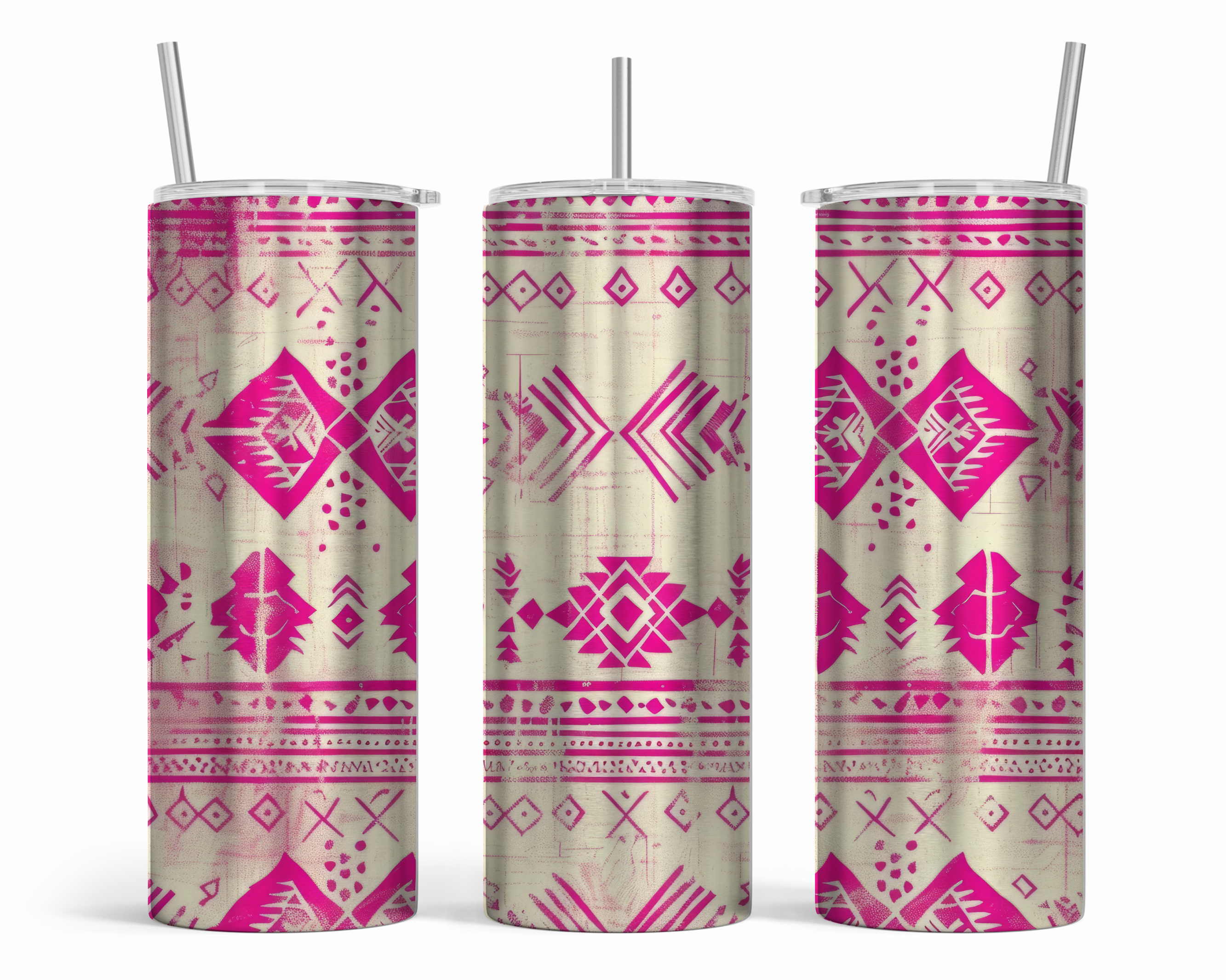 Fuchsia & Cream Aztec 20 oz Skinny Tumbler | Southwestern Western Tumbler | Boho Stainless Steel Travel Cup | Cowgirl Drinkware