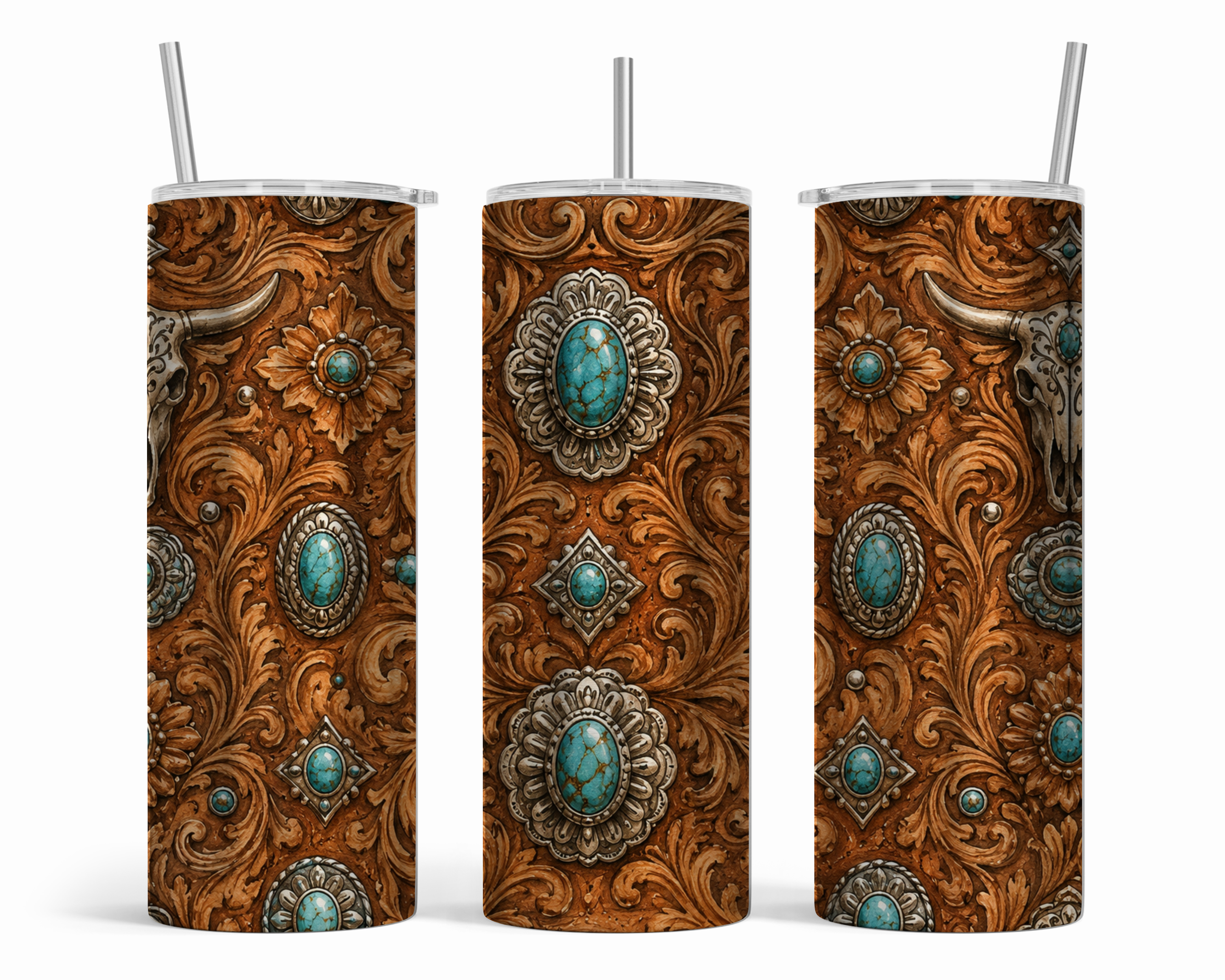 Rustic Western Tooled Leather Tumbler | Turquoise Concho Coffee Cup | 20 oz Skinny Tumbler | Cowgirl Gift for Her