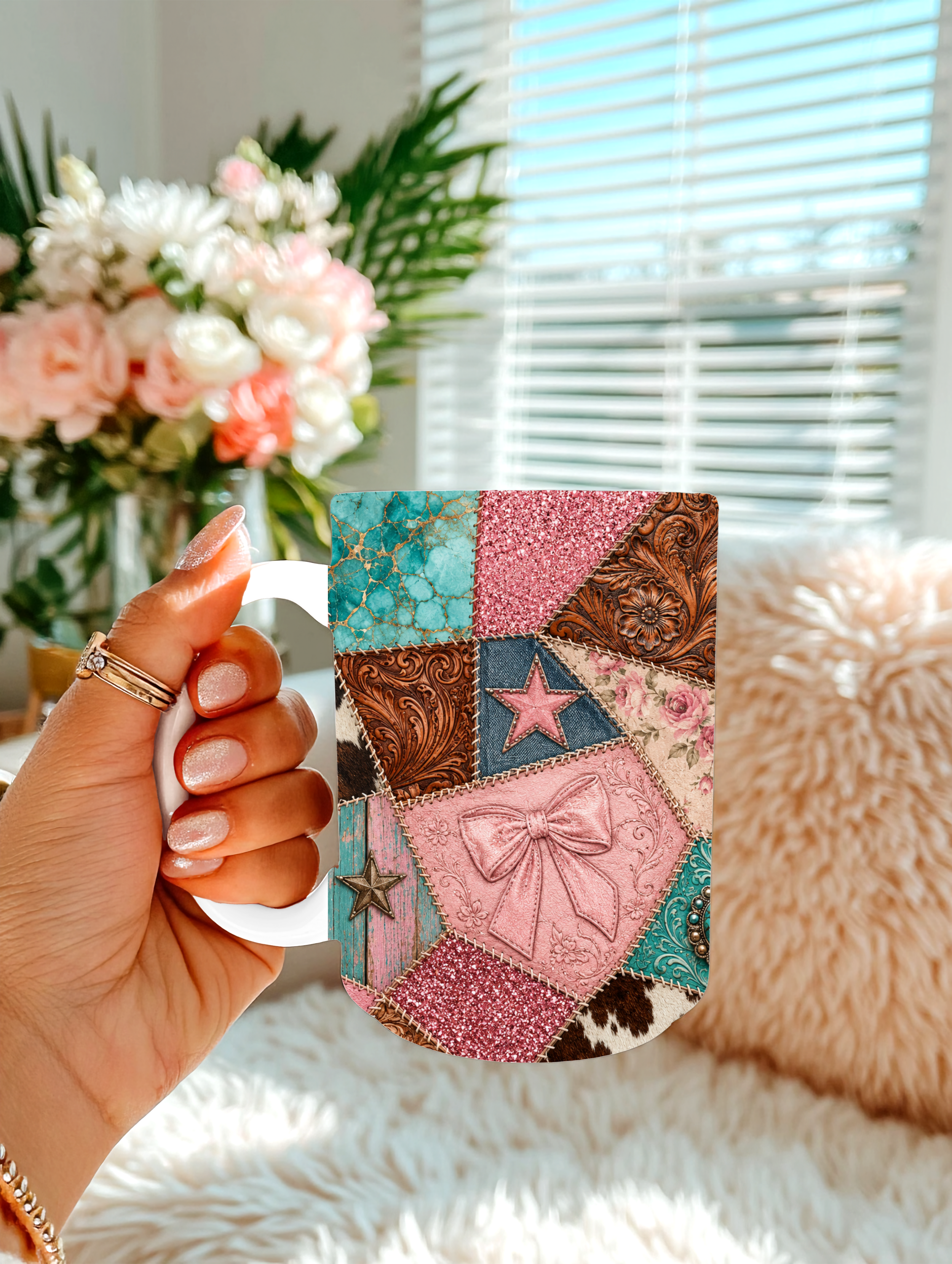 Pink Western Patchwork 15 oz Coffee Mug | Cowgirl Bow & Turquoise Mug | Rustic Floral Ceramic Coffee Cup | Country Western Gift for Her