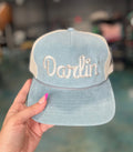 DARLIN’ Light blue & Tan corduroy embroidered cap