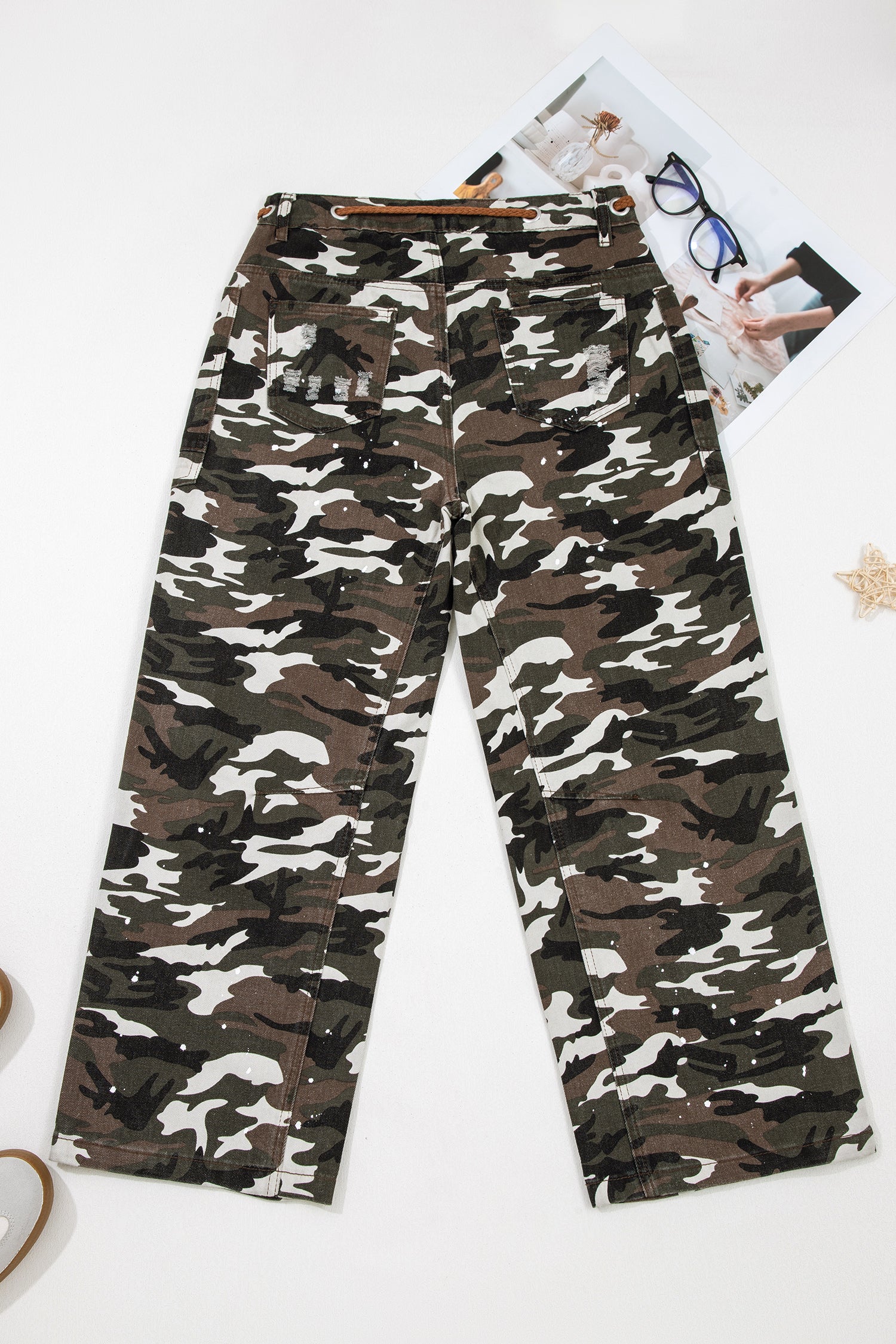 Green Camouflage Print Splashed Distressed Loose Denim Pants