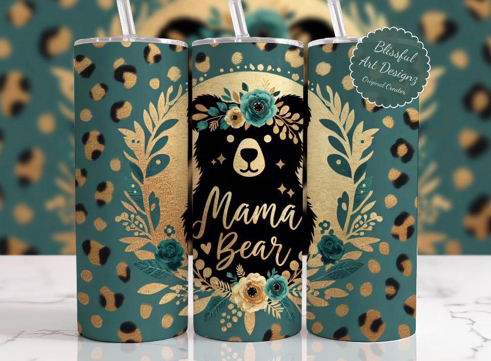 Stainless steel Mama Bear Tumbler is Teal and Gold
