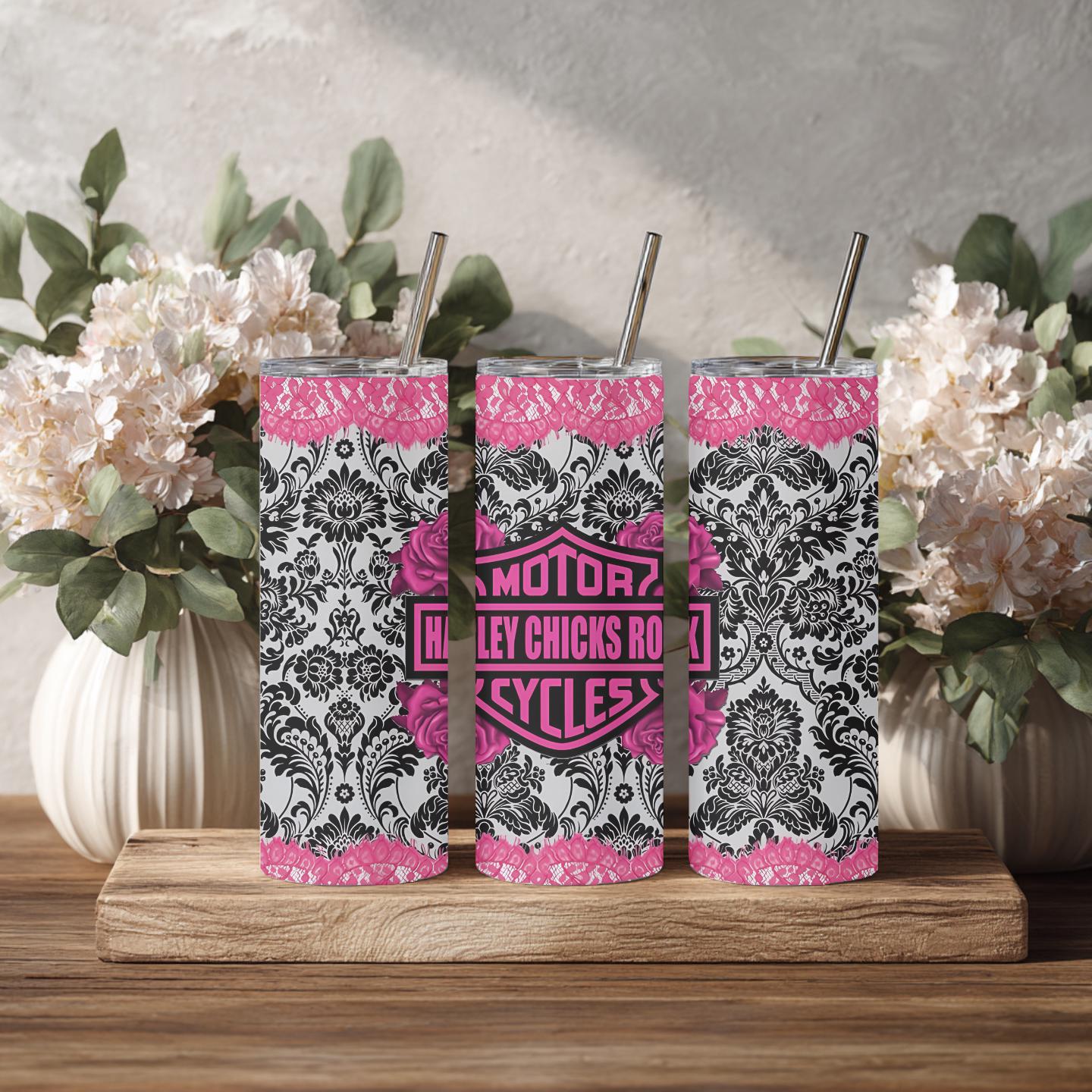 Harley Chicks Ride Motorcycles Tumbler | Pink Biker Girl Tumbler | Motorcycle Lover Gift | Women's Riding Cup