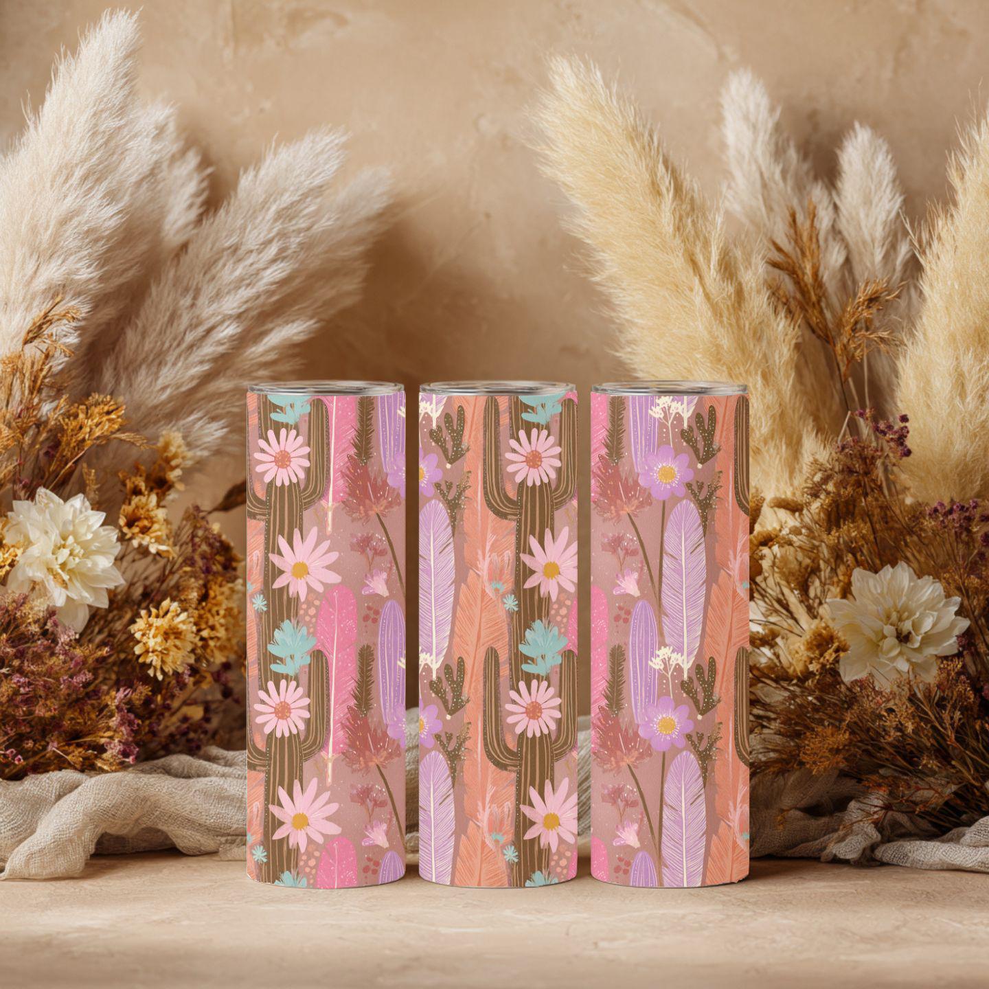 Boho Cactus & Feather Stainless Steel Tumbler