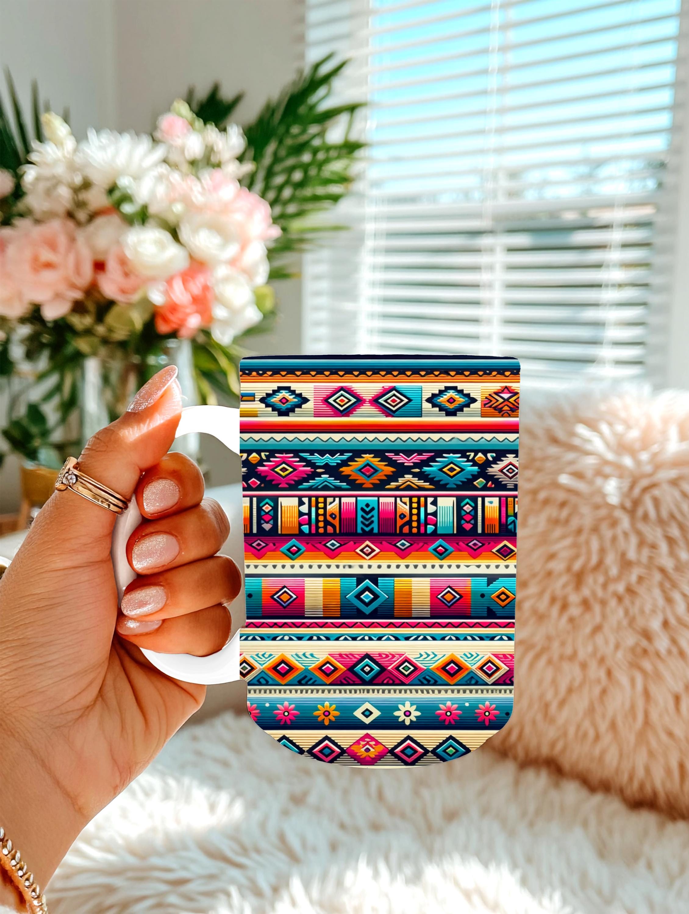 Southwestern Tribal Pattern Tumbler | Aztec Inspired 20 oz Skinny Tumbler | Boho Western Travel Mug | Colorful Geometric Cup