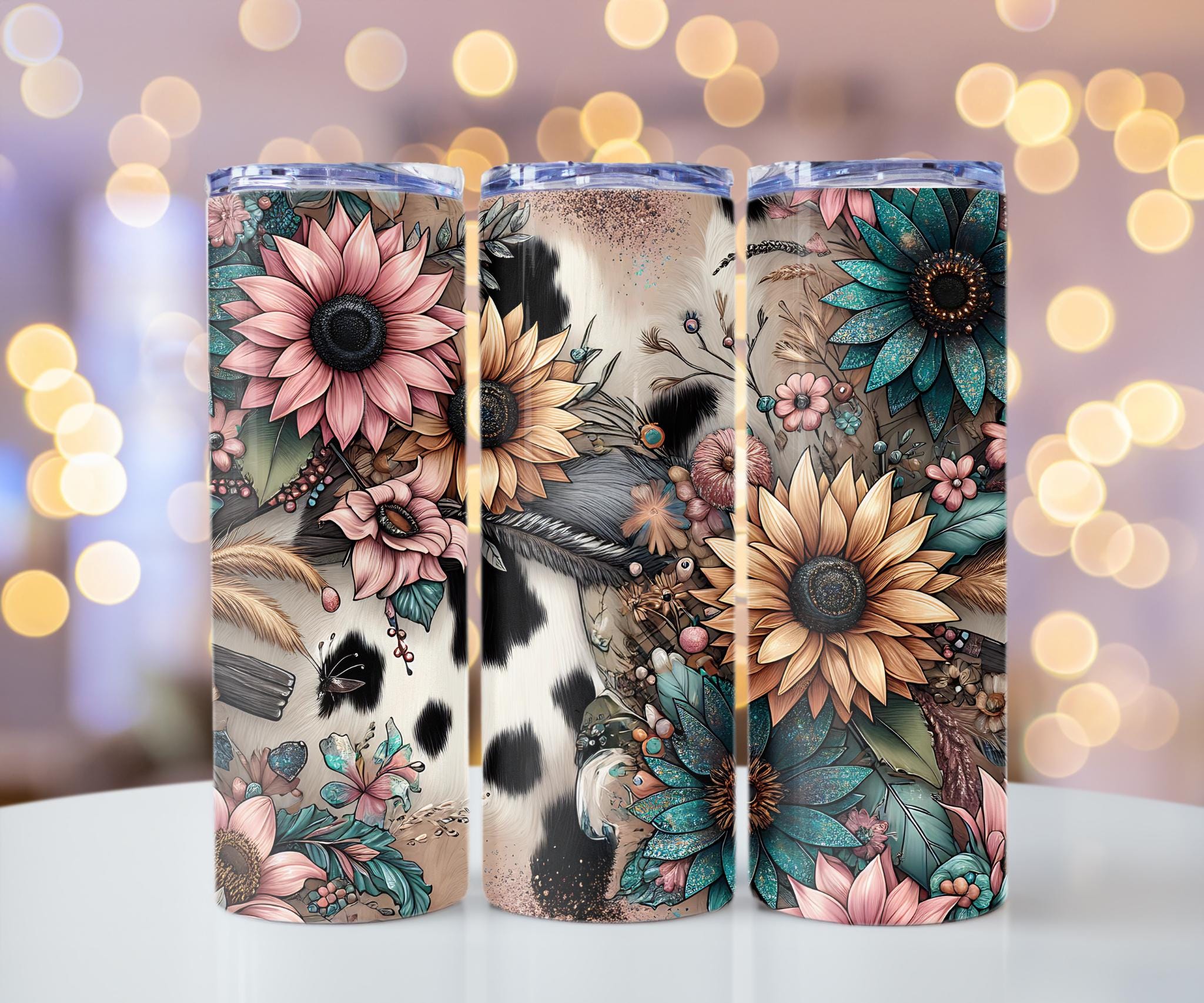 Sunflower & Cow Print Floral Skinny Tumbler Collection – 20 oz Stainless Steel Tumbler with Straw