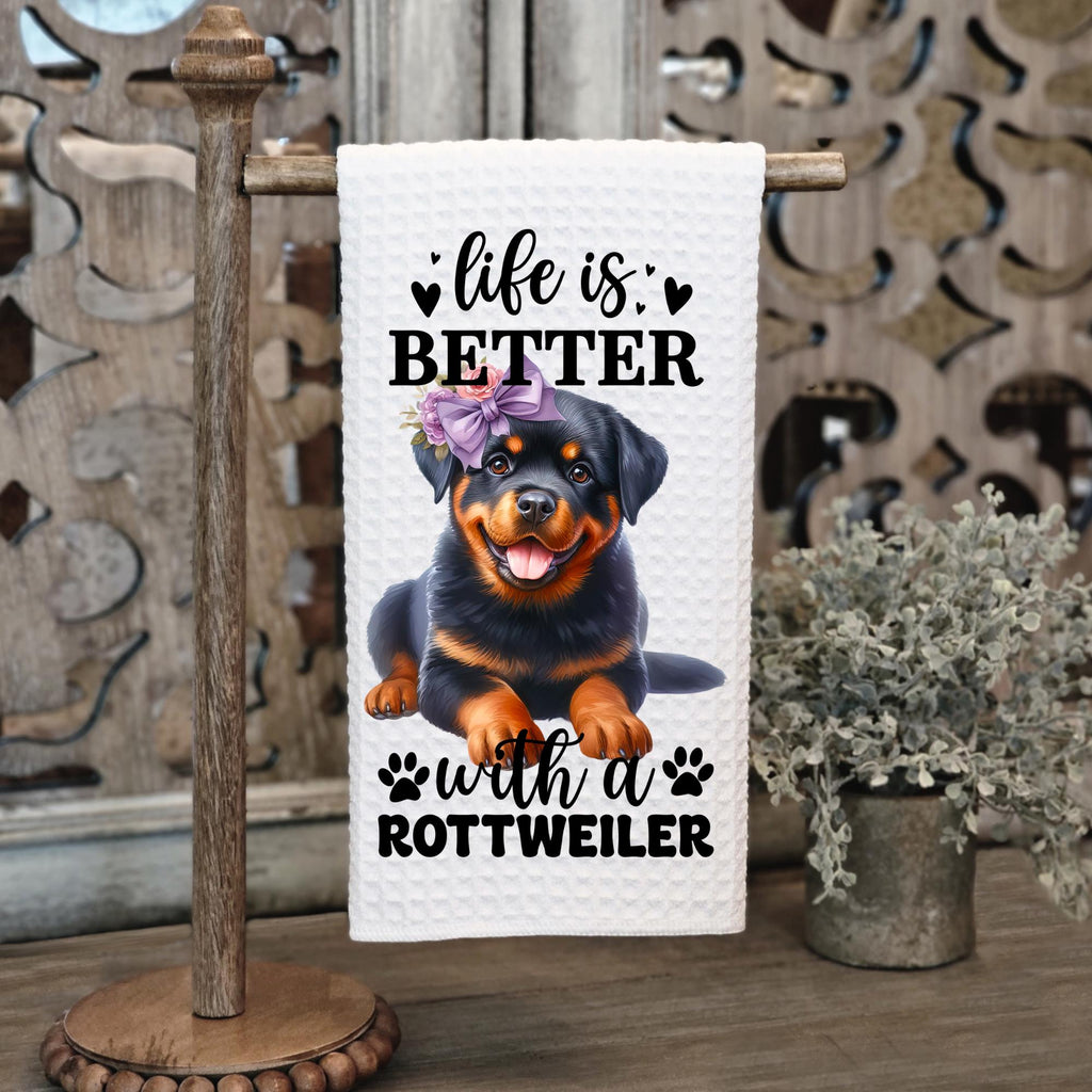 Life Is Better with a Rottweiler Waffle Tea Towel – Rottweiler Lover Kitchen Towel