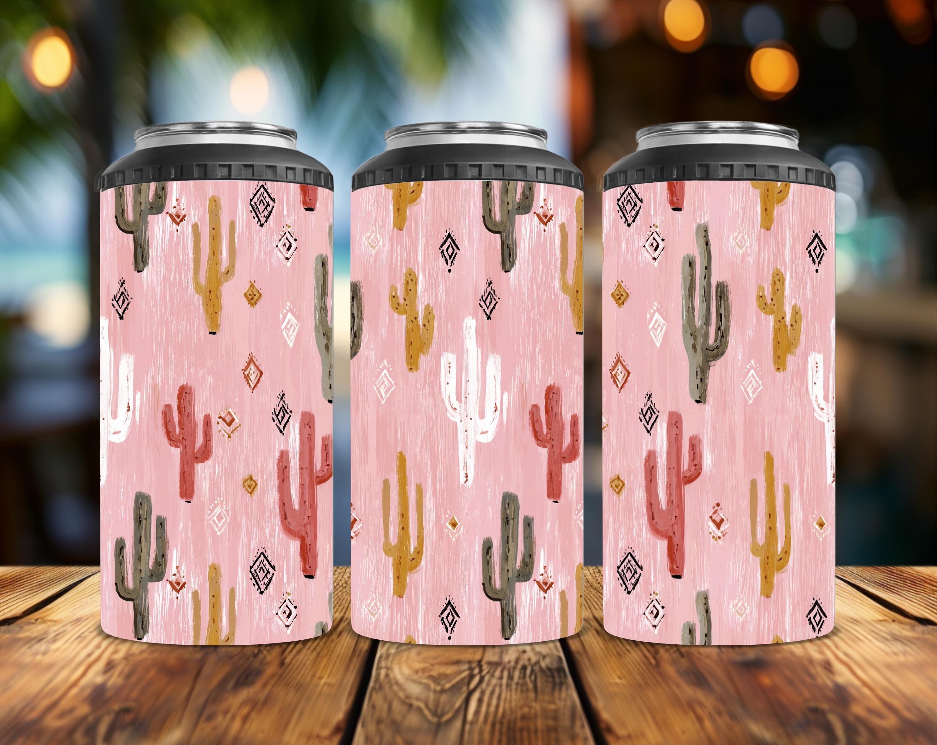Pink Cactus 4-in-1 Can Cooler | Converts to a 14 oz Tumbler | Western Desert Drink Insulator | Handmade Gift