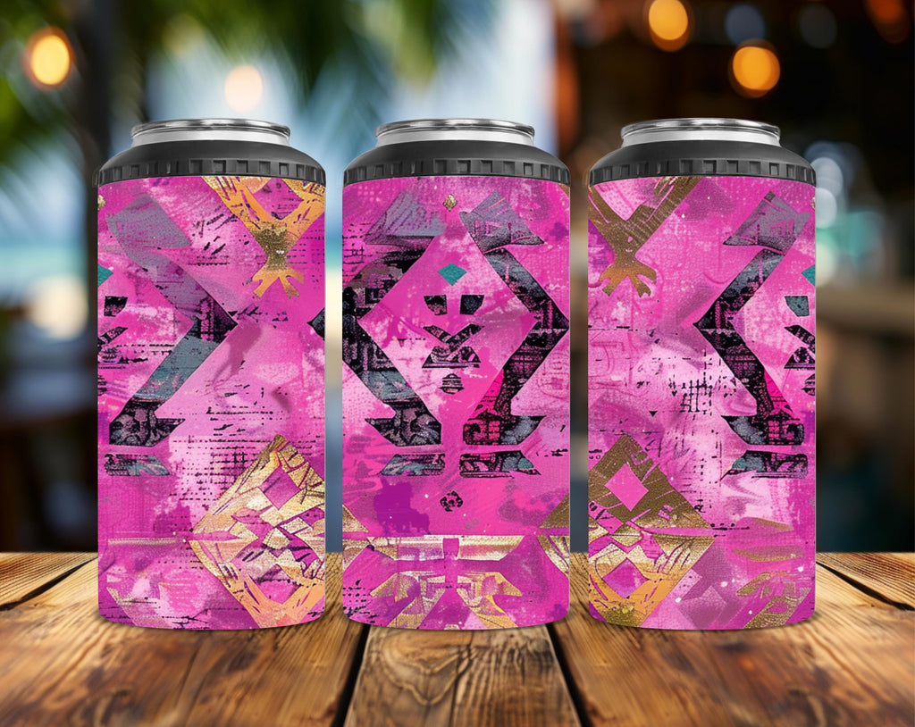 Fuchsia Aztec 4-in-1 Can Cooler | Converts to a 14 oz Tumbler | Western Southwestern Drink Insulator | Handmade Gift