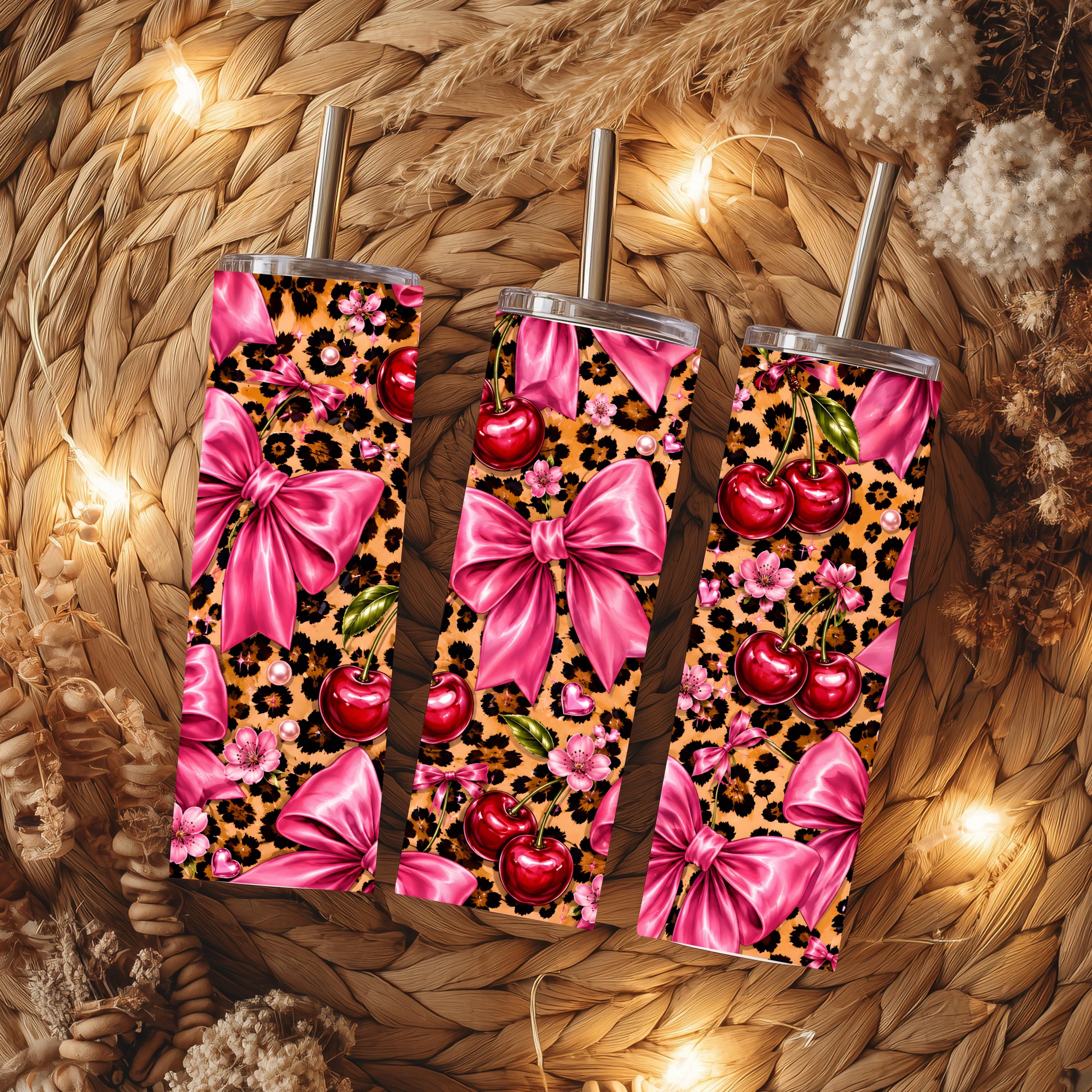 Cherry & Pink Bow 20 oz Skinny Tumbler | Leopard Print Tumbler | Coquette Tumbler | Stainless Steel Travel Cup | Cute Gift for Her
