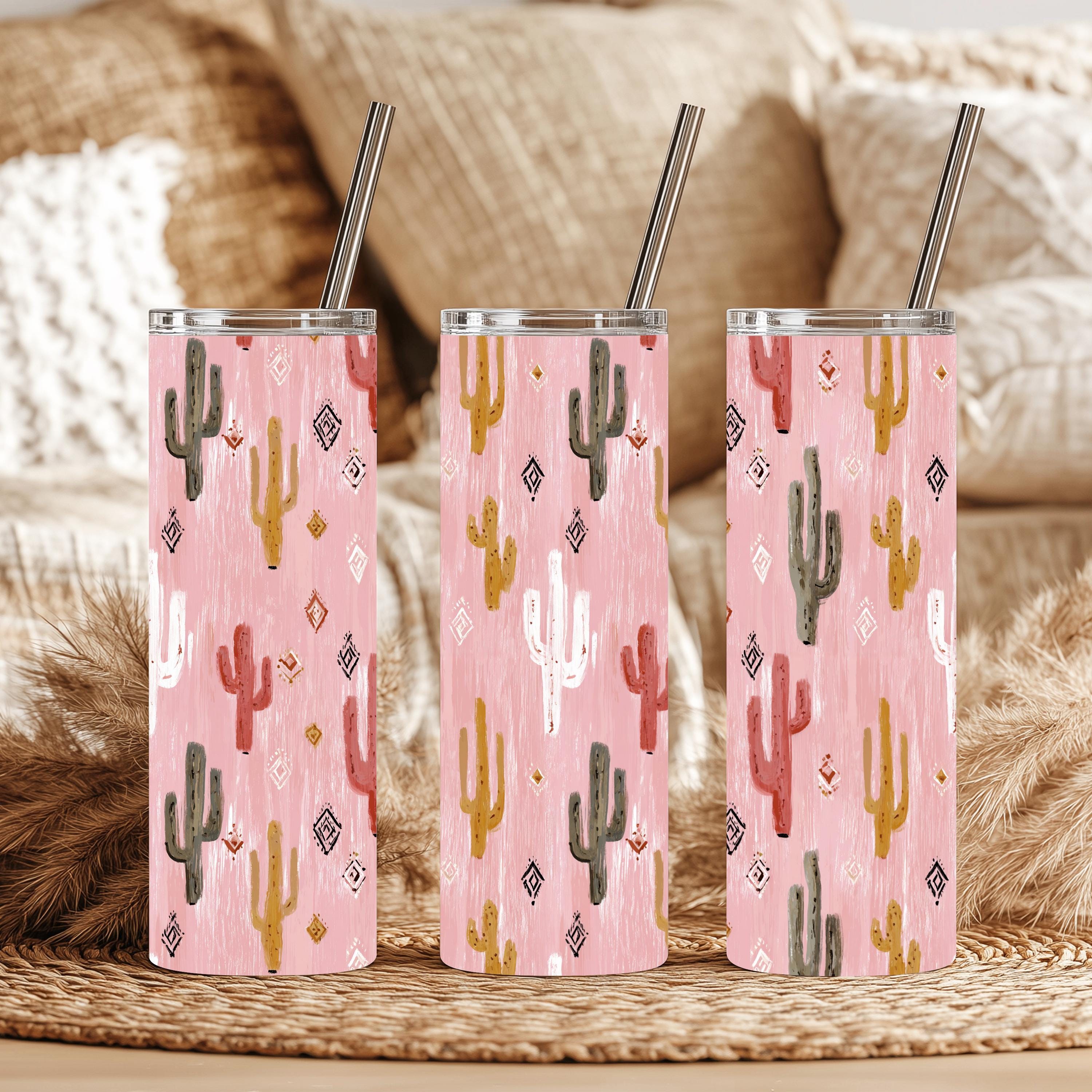 Pink Cactus 20 oz Skinny Tumbler | Western Desert Tumbler | Southwestern Stainless Steel Travel Cup | Boho Drinkware | Handmade Gift