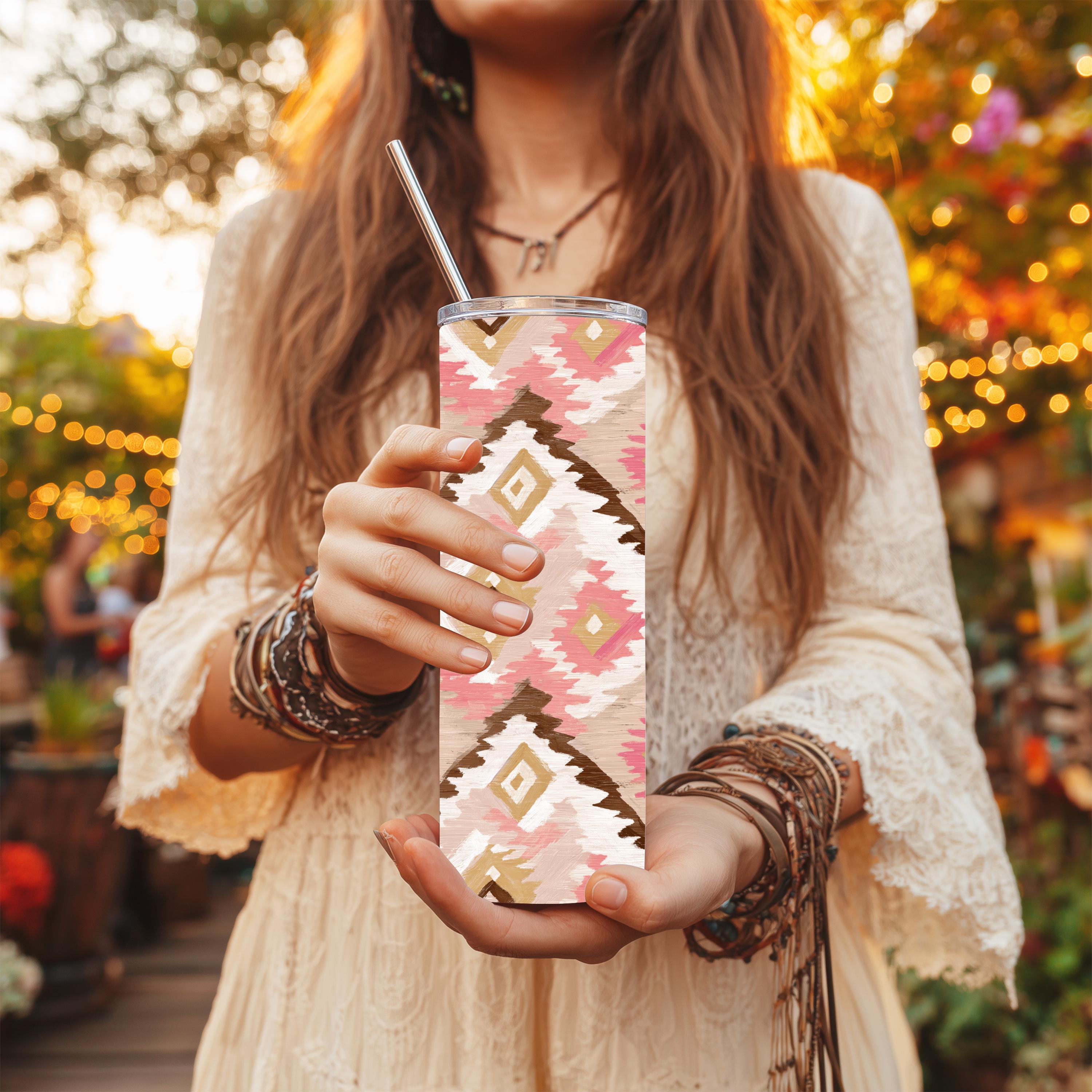 Blush Aztec 20 oz Skinny Tumbler | Western Southwestern Tumbler | Neutral Boho Travel Cup | Stainless Steel Drinkware | Handmade Gift