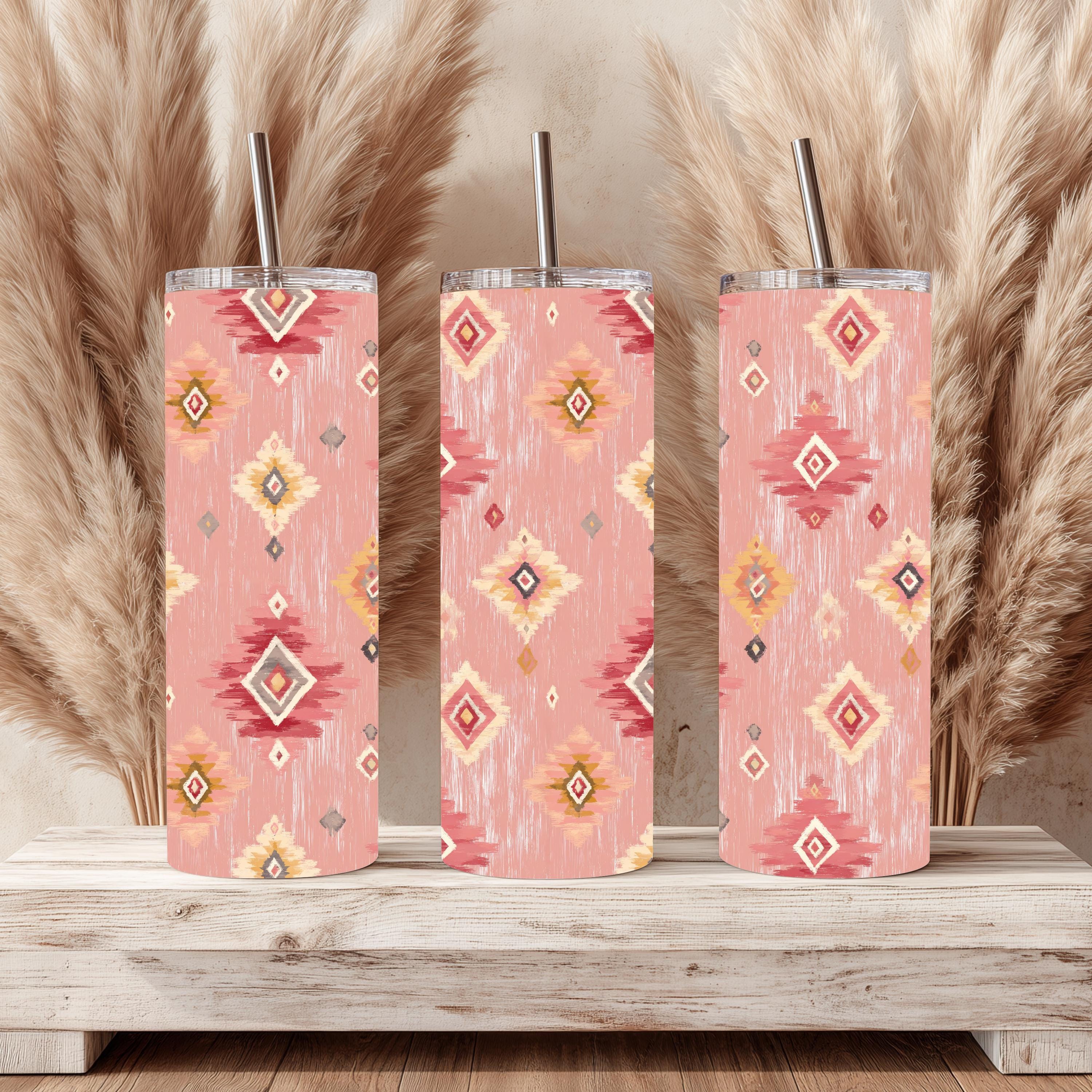 Blush & Pink Aztec 20 oz Skinny Tumbler | Southwestern Western Tumbler | Boho Stainless Steel Travel Cup | Cowgirl Drinkware | Handmade Gift