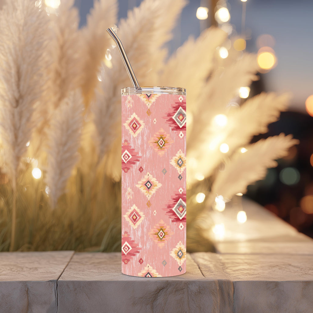Blush & Pink Aztec 20 oz Skinny Tumbler | Southwestern Western Tumbler | Boho Stainless Steel Travel Cup | Cowgirl Drinkware | Handmade Gift