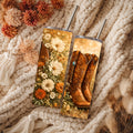 Western Cowboy Boots & Wildflowers 20 oz Skinny Tumbler | Rustic Cowgirl Stainless Steel Travel Cup | Floral Western Drinkware