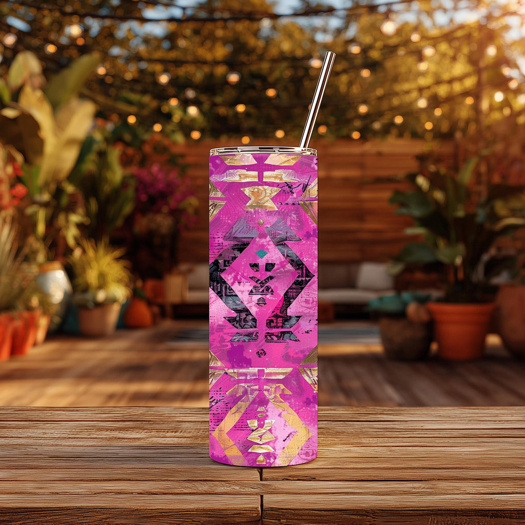 Pink & Purple Geometric Aztec 20 oz Skinny Tumbler | Southwestern Western Tumbler | Boho Stainless Steel Travel Cup | Cowgirl Gift