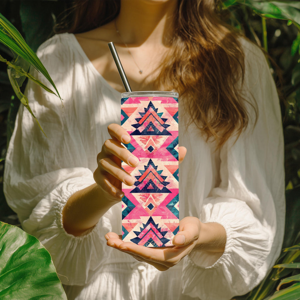 Pink & Teal Aztec Tumbler | 20 oz Skinny Tumbler | Southwestern Tumbler | Western Travel Mug | Boho Native Inspired Cup