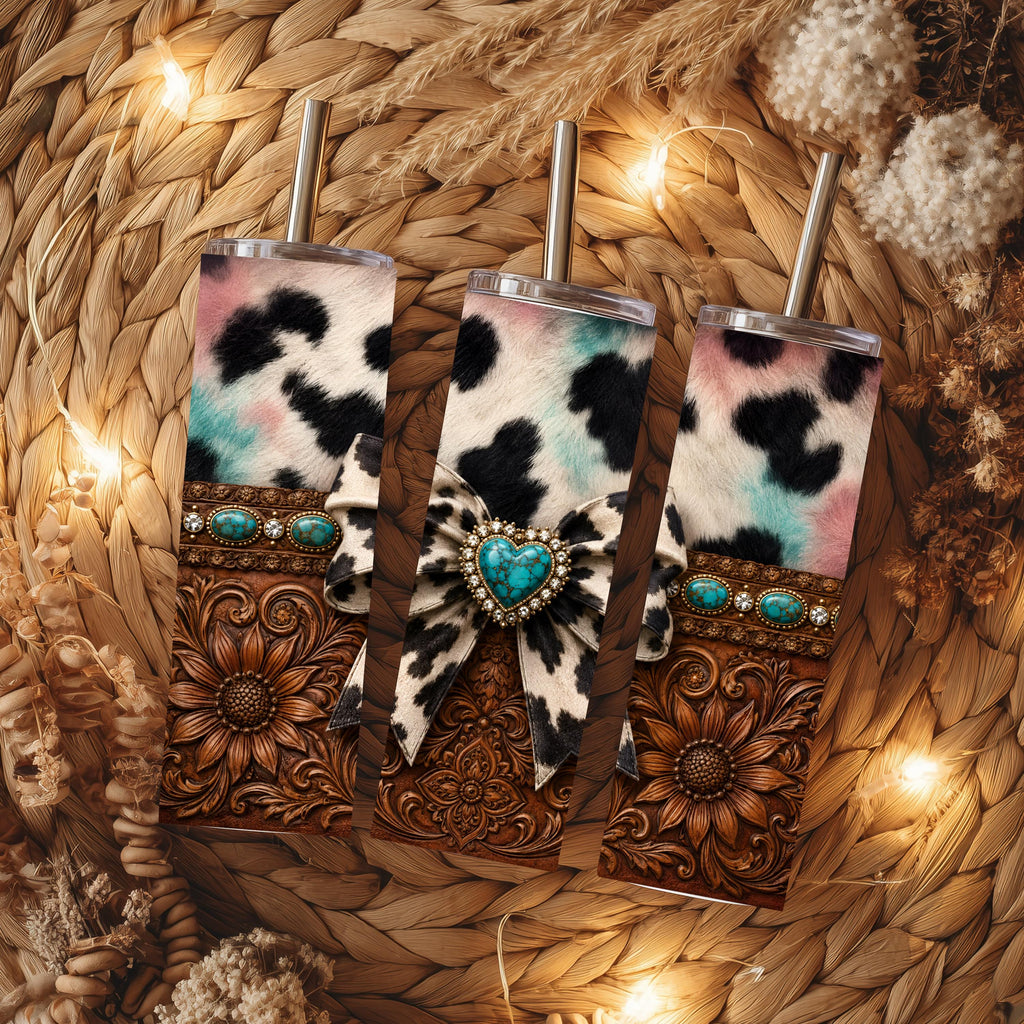 Western Cow Print Tumbler | 20 oz Skinny Tumbler | Tooled Leather Sunflower Tumbler | Turquoise Bow Travel Mug | Cowgirl Gift