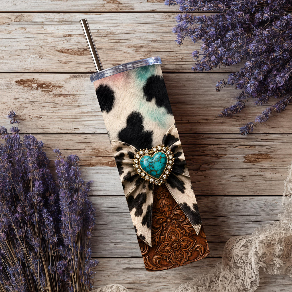 Western Cow Print Tumbler | 20 oz Skinny Tumbler | Tooled Leather Sunflower Tumbler | Turquoise Bow Travel Mug | Cowgirl Gift