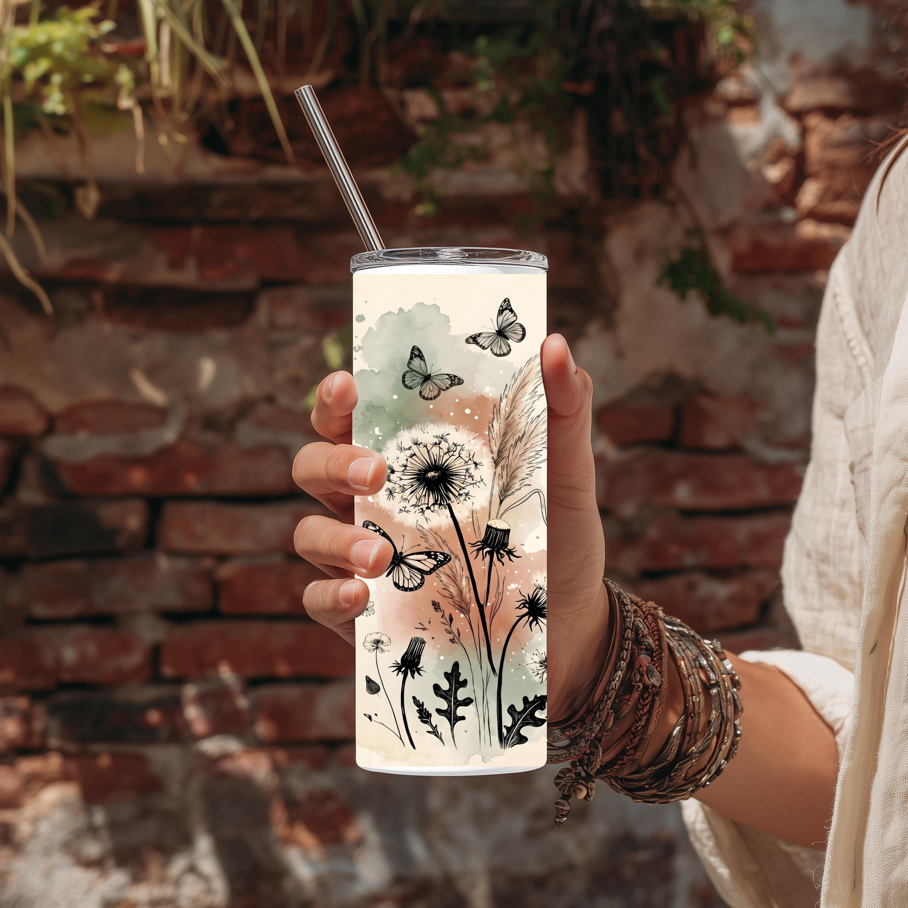 Celestial Moon Phase Tumbler | Boho Watercolor Floral Travel Mug
