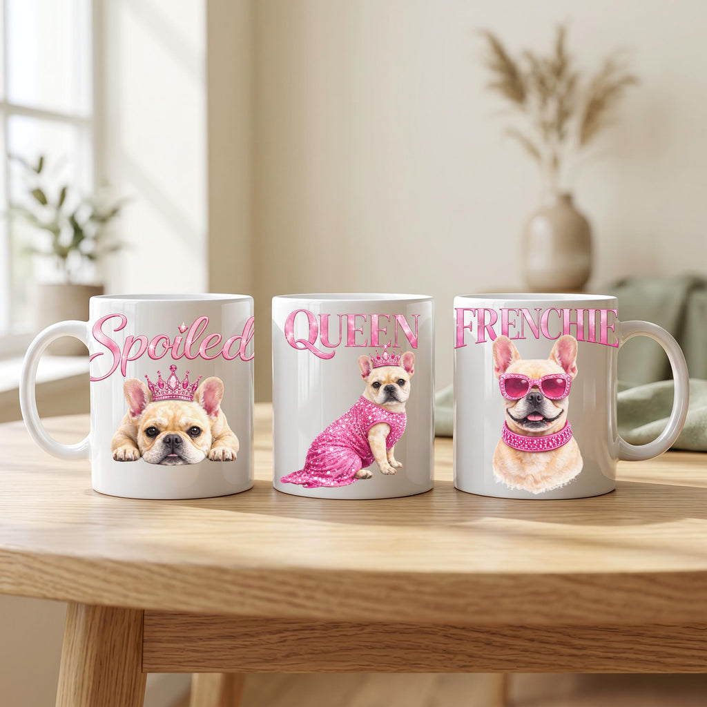 Spoiled Frenchie Queen Mug Set | Set of 3 French Bulldog Mugs | 11 oz Ceramic Coffee Mug Collection | Dog Mom Gift