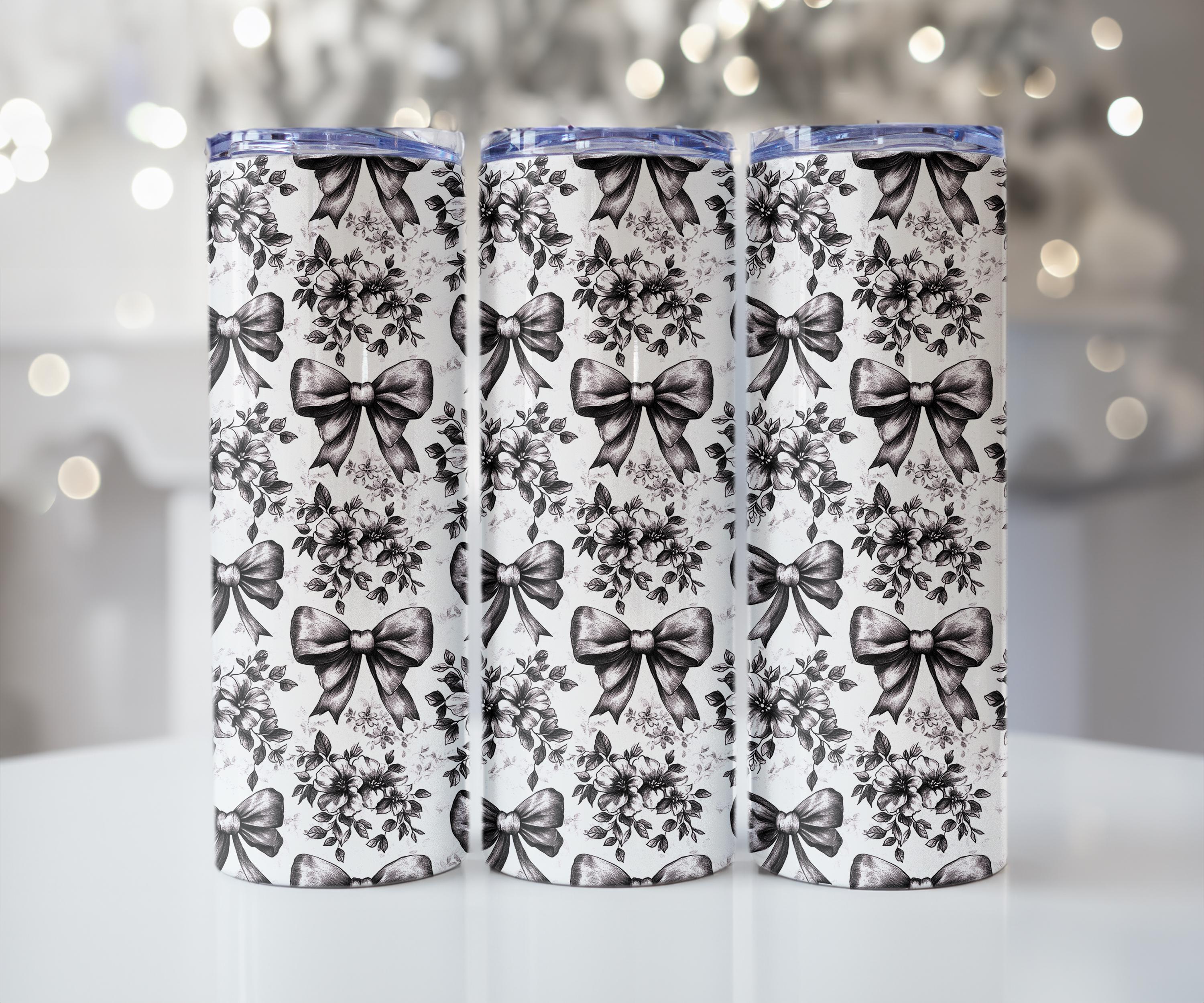 Black & White Floral Bow Tumbler – 20 oz Skinny Tumbler Comes in Pink or White