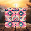 Teal and Pink Aztec Glass Tumbler | 20 oz Clear Glass Can | Southwestern Iced Coffee Cup | Boho Bamboo Lid & Straw
