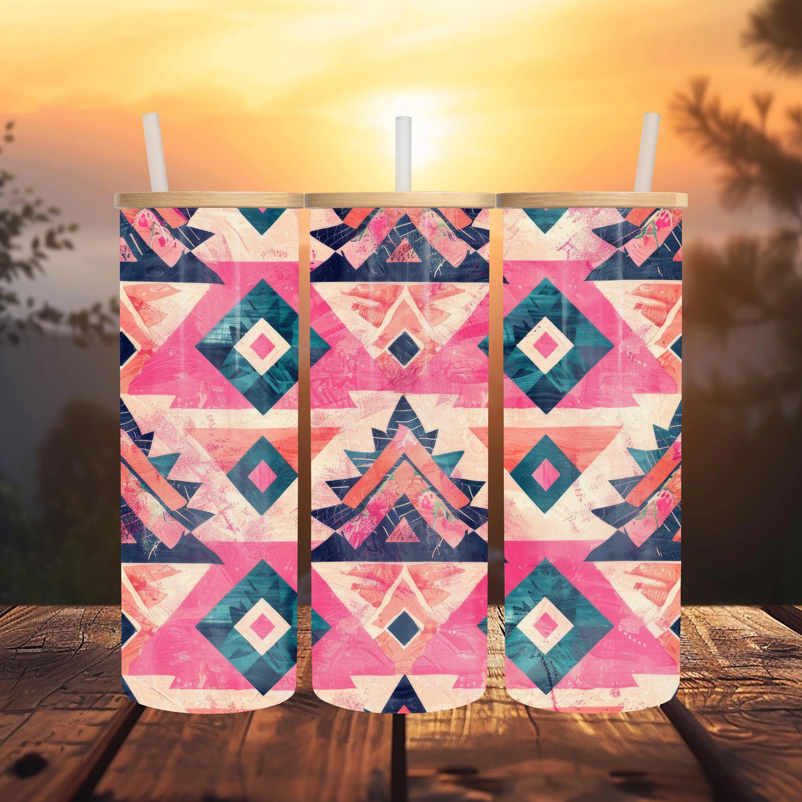 Teal and Pink Aztec Glass Tumbler | 20 oz Clear Glass Can | Southwestern Iced Coffee Cup | Boho Bamboo Lid & Straw