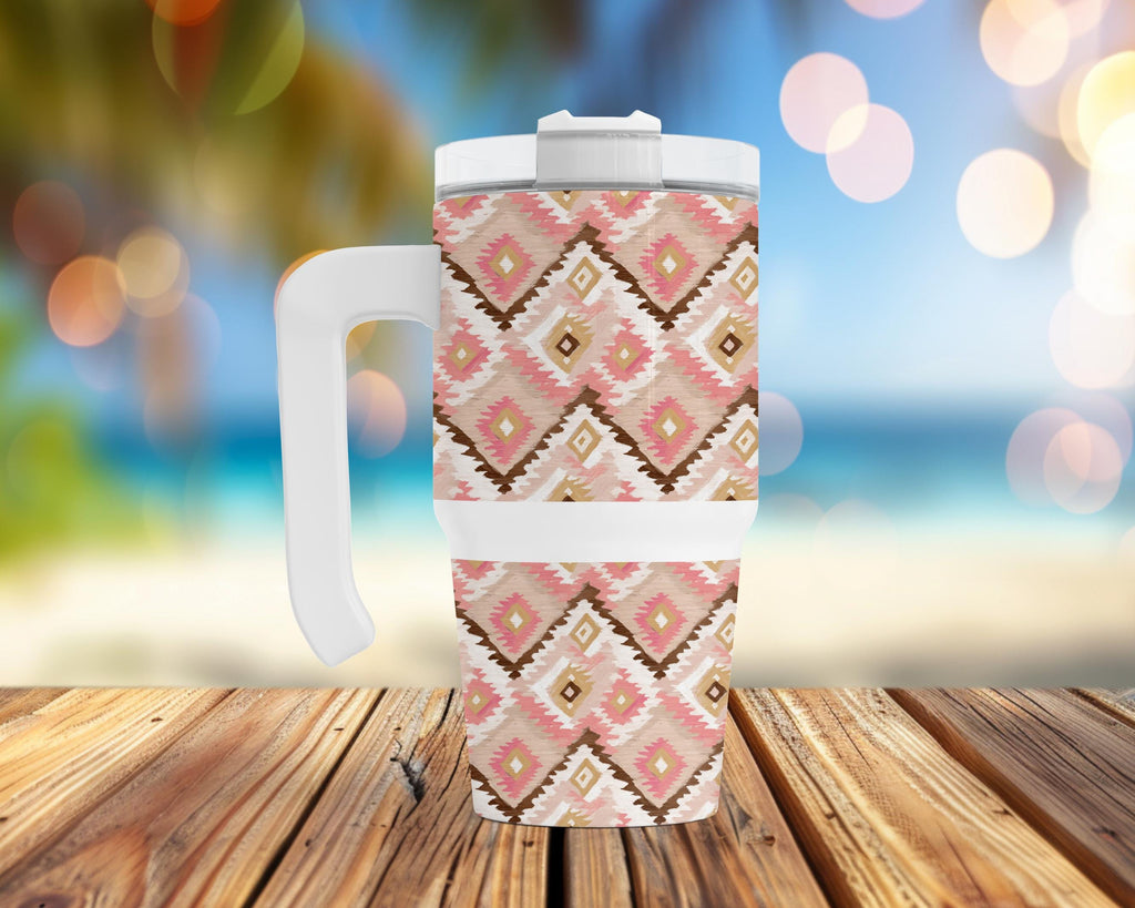 Pink and Blush Aztec 20 oz Grip Handle Tumbler | Western Travel Mug | Boho Southwestern Coffee Cup | Insulated Handle Tumbler | Cowgirl Gift